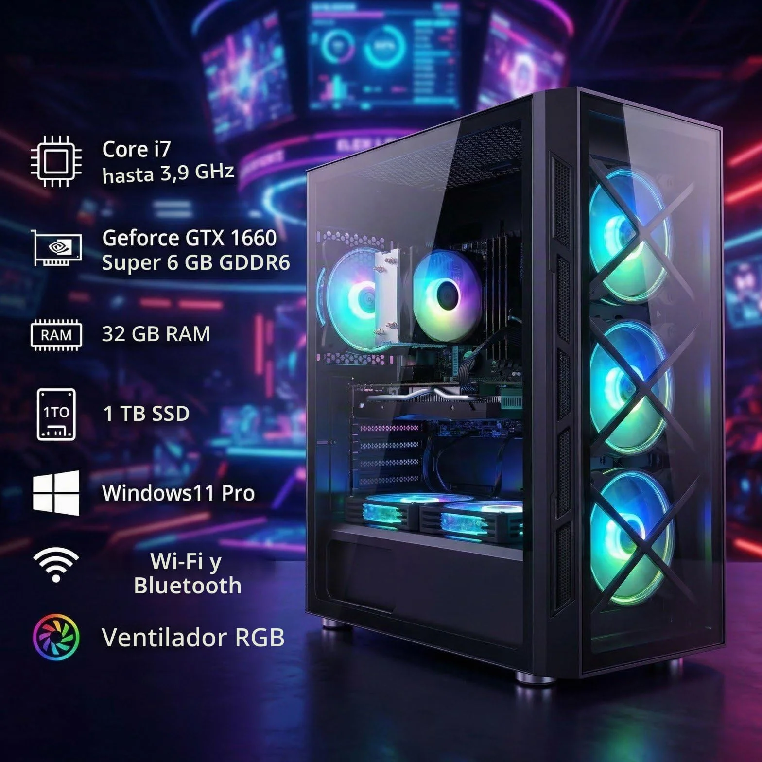 STGsivir PC Gaming, Ordenador de Sobremesa Gaming, Core i7 hasta 3.9GHz, Geforce GTX 1660 Super 6GB GDDR6, 32GB RAM,1TB SSD,WiFi 6,BT5.0,RGB Ventiladores x6,Windows11 Pro