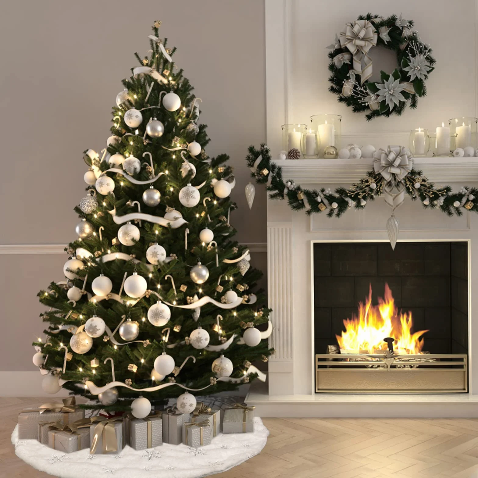 Jsdoin Falda Árbol Navidad 90cm Doble Capa Felpa Blanco Estampado Copo Nieve Plateado Decoración