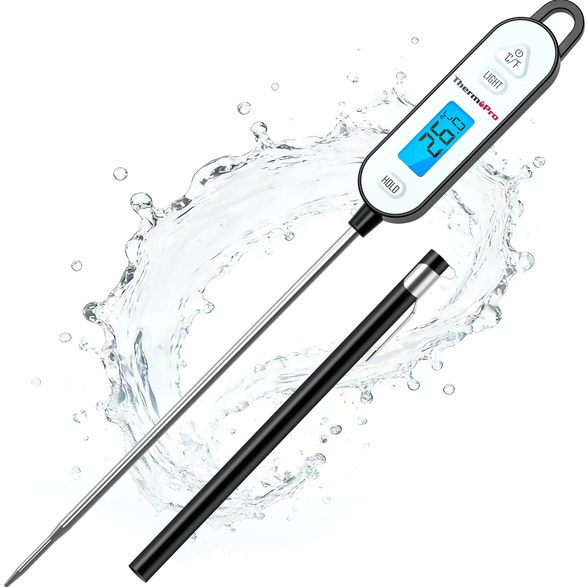 ThermoPro Termómetros digitales para carne, termómetro para alimentos con retroiluminación y función de bloqueo, sonda impermeable con botón ℃/℉, para cocinar, barbacoa, mermelada, aceite y agua