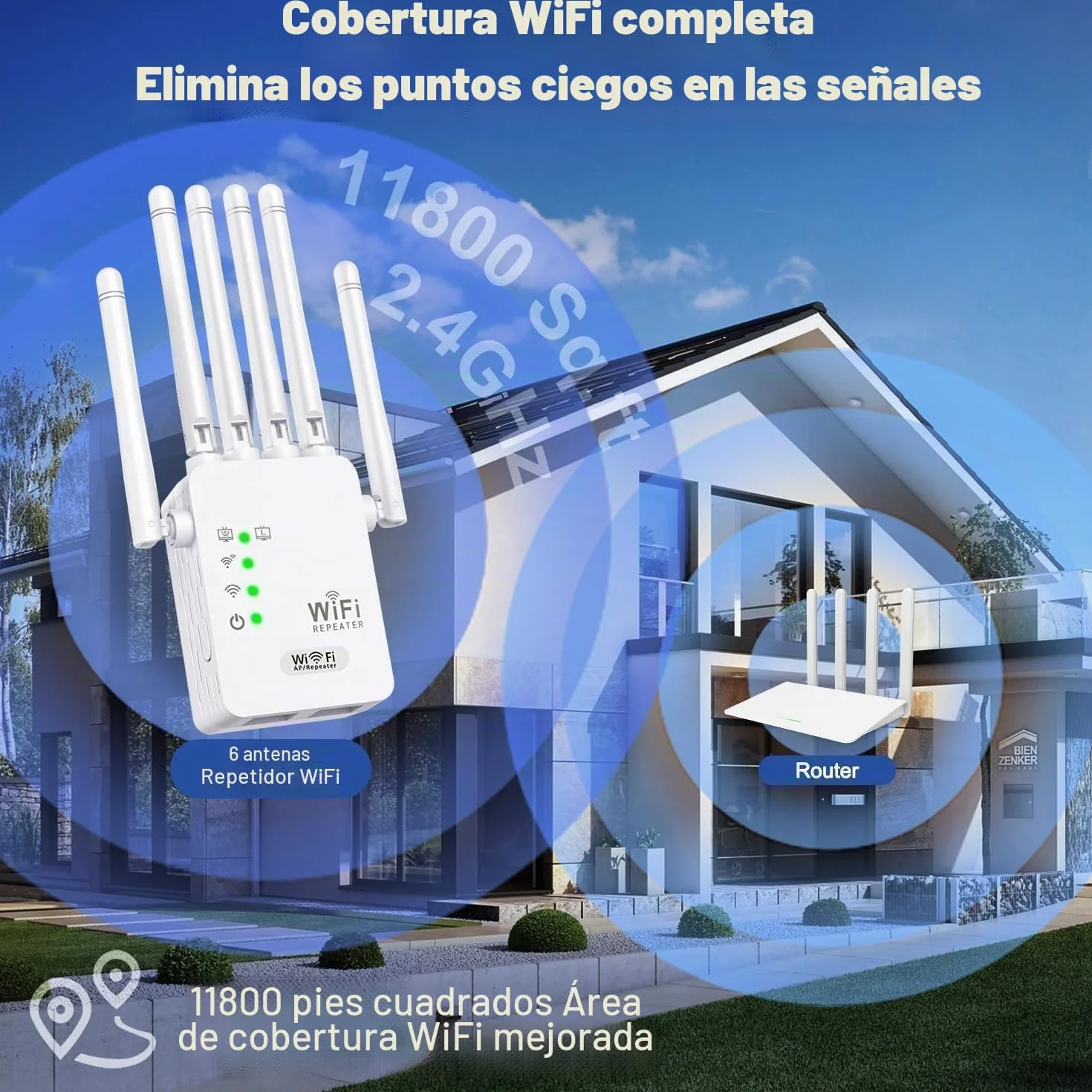 Repetidor WiFi 1200Mbps Amplificador de Señal Doble Banda 2.4GHz y 5GHz, Extensor WiFi Fácil Instalación con 2 Puertos LAN y 6 Antenas Externas, Ampliación de Cobertura para Hogar y Oficina