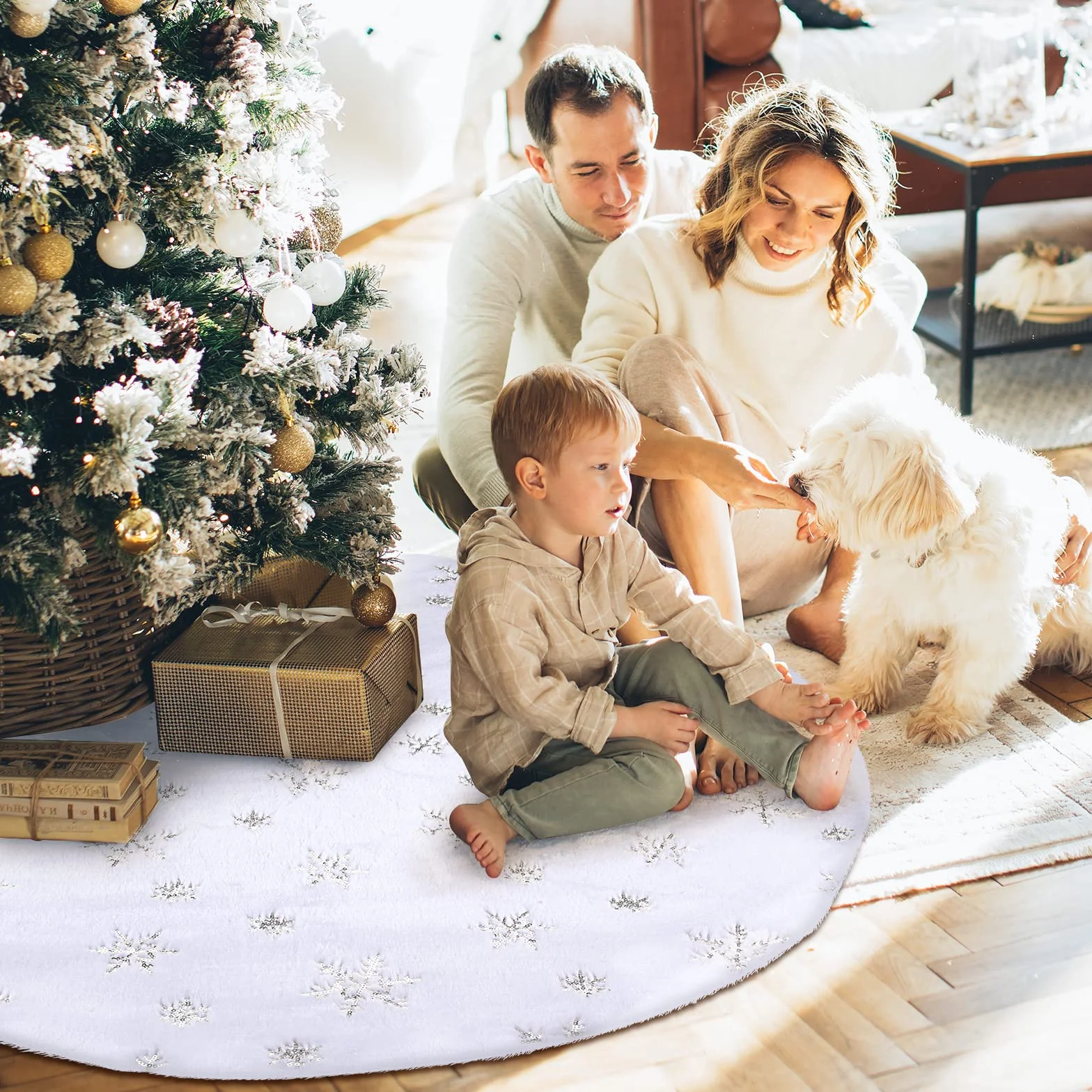 Falda Árbol de Navidad Blanco 78 CM Redondo Tapete Decoración Alfombra Manta Plata