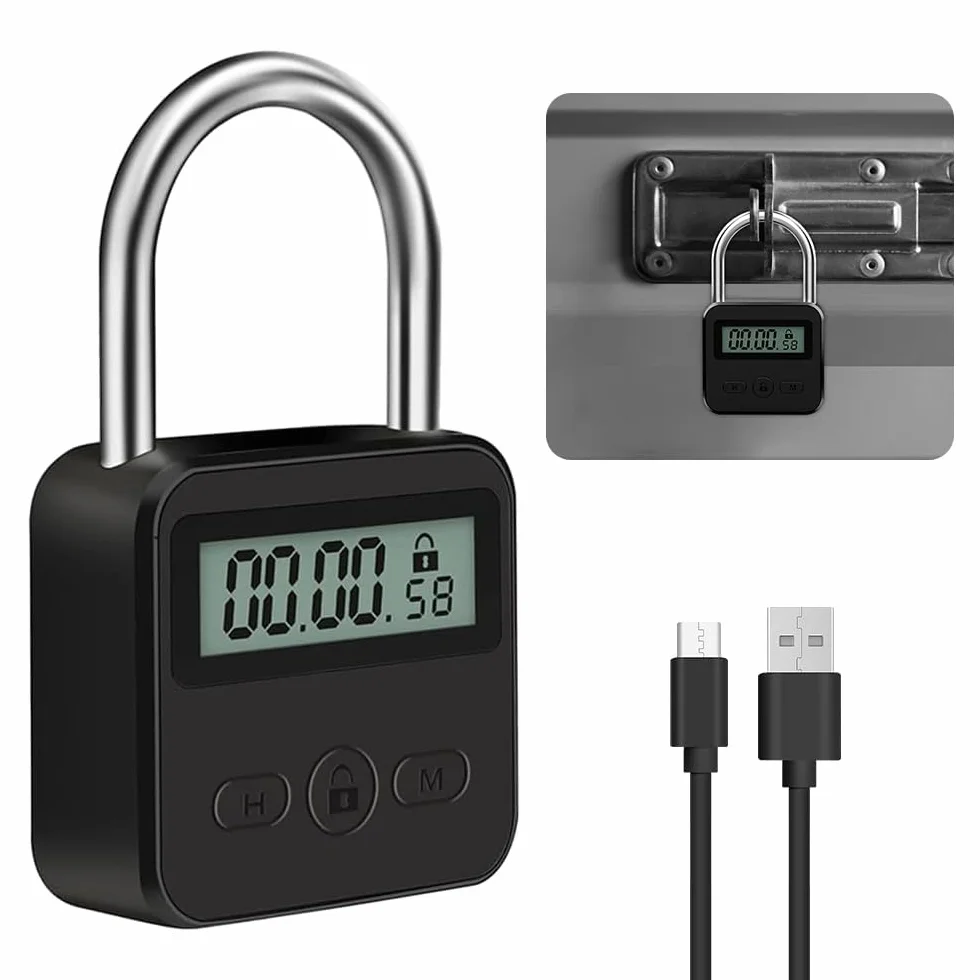 Bloqueo de Tiempo Inteligente, USB Recargable Candado Seguridad con LCD Pantalla Digital Máximo de 99 Horas Smart Time Lock Electrónico de Metal Resistente para Prevenir Malos Hábitos