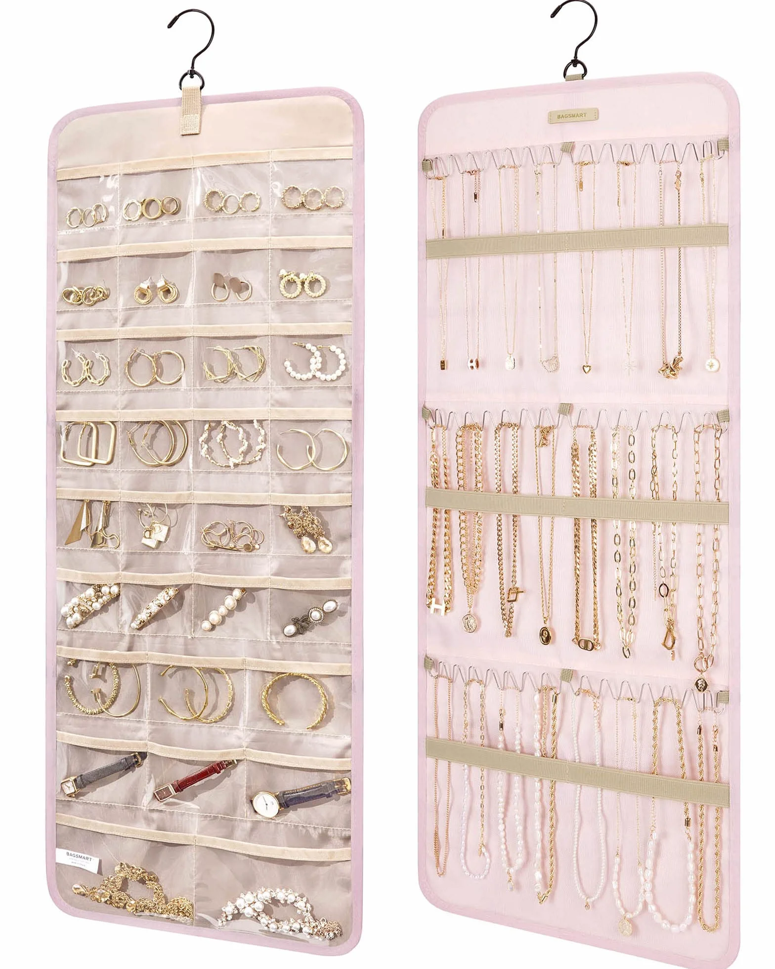 bagsmart Organizador de joyas para colgar, rollo de almacenamiento con colgador, gancho de metal, soporte de joyería de doble cara para pendientes, collares, anillos en armario, pared, puerta, 1 pieza