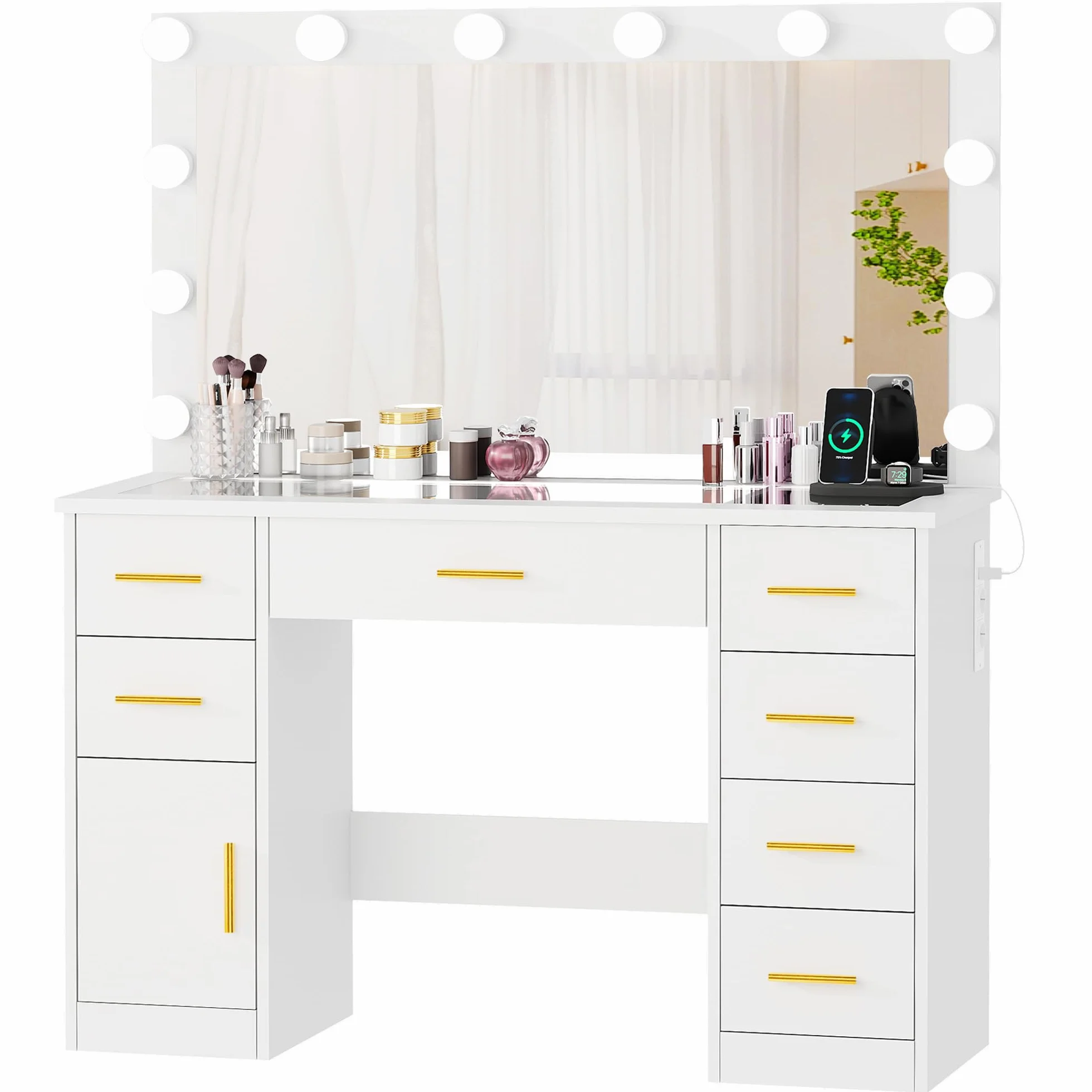 ANWBROAD Tocador de Maquillaje con Luces LED Regulables y Espejo 7 Cajones Blanco 140x110x40cm BDT83W