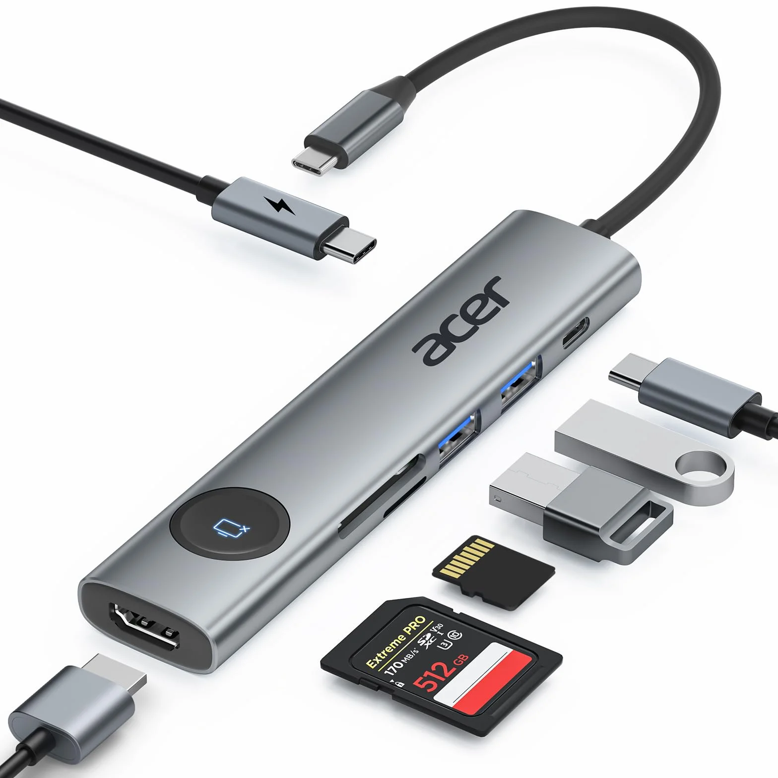 Acer Hub USB C 7 en 1, Docking Station 4K@60Hz Con 2 Puertos USB 3.0, PD 100W, Adaptador HDMI Con Botón de Encendido/Apagado Para Macbook, iPad Pro/Air, PC y Tabletas