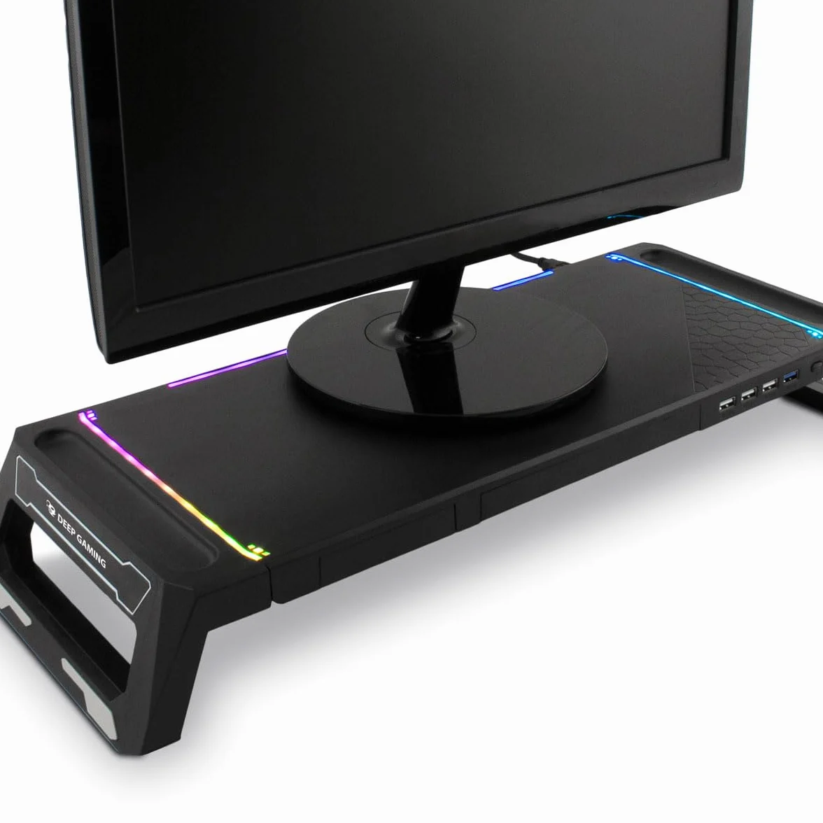 SN06 Soporte de Monitor para Escritorio Gaming con Cajón de Almacenamiento, Soporte para Móvil, 10 modos de Ilulimación RGB y Hub USB de 3 Puertos (1 x USB3.0 + 2 x USB2.0). Negro