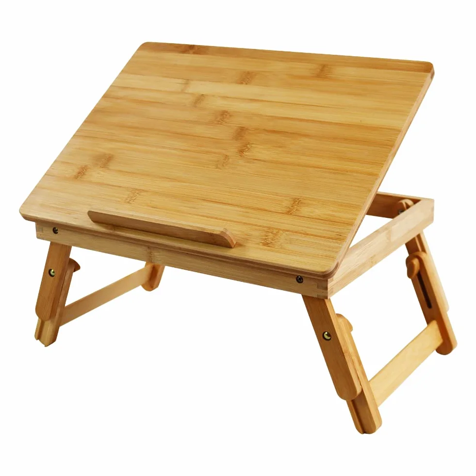WKWKER Escritorio De Bambú para Portátil con Patas Plegables Superficie Inclinable Mesa De Trabajo Soporte Ajustable para Portátil Cama Bandeja para TV Sofá Estudio Ordenador iPad Libro (Natural)