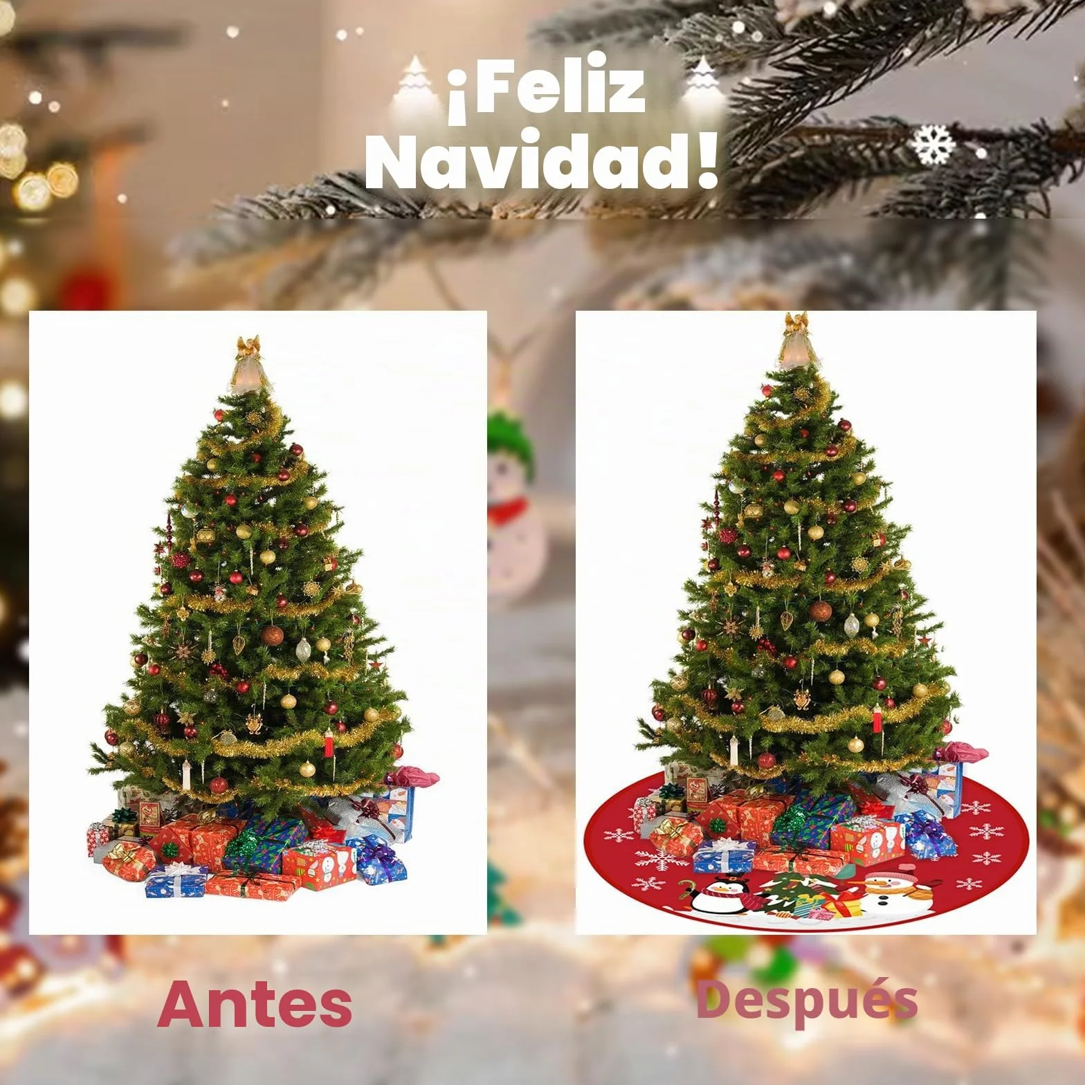 Manta para Árbol de 90cm Cubre Pie y Base Roja Muñeco de Nieve Decoración Navidad