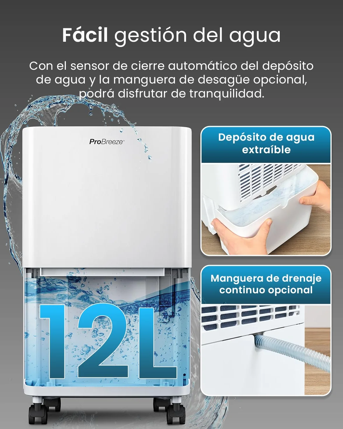Pro Breeze Deshumidificador con Compresor 12L, Depósito 2L, Sensor Humedad, Temporizador 24H, 20m²