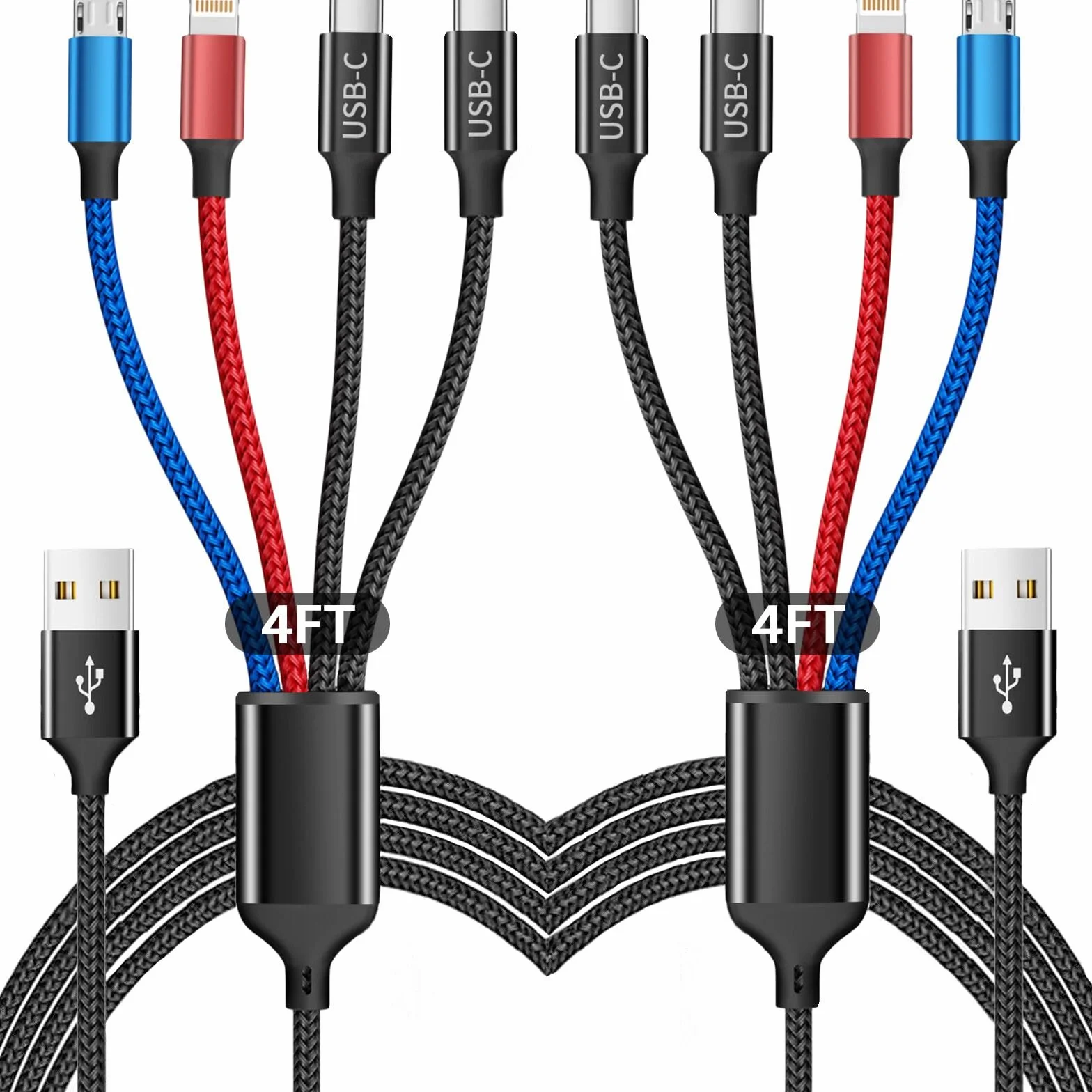 Cable de carga múltiple (2 unidades de 4 pies), cable de carga 4 en 1 de nailon trenzado múltiple cable USB universal para teléfono con tipo C, micro USB, puerto IP para iPhone 16/15 Series/teléfonos