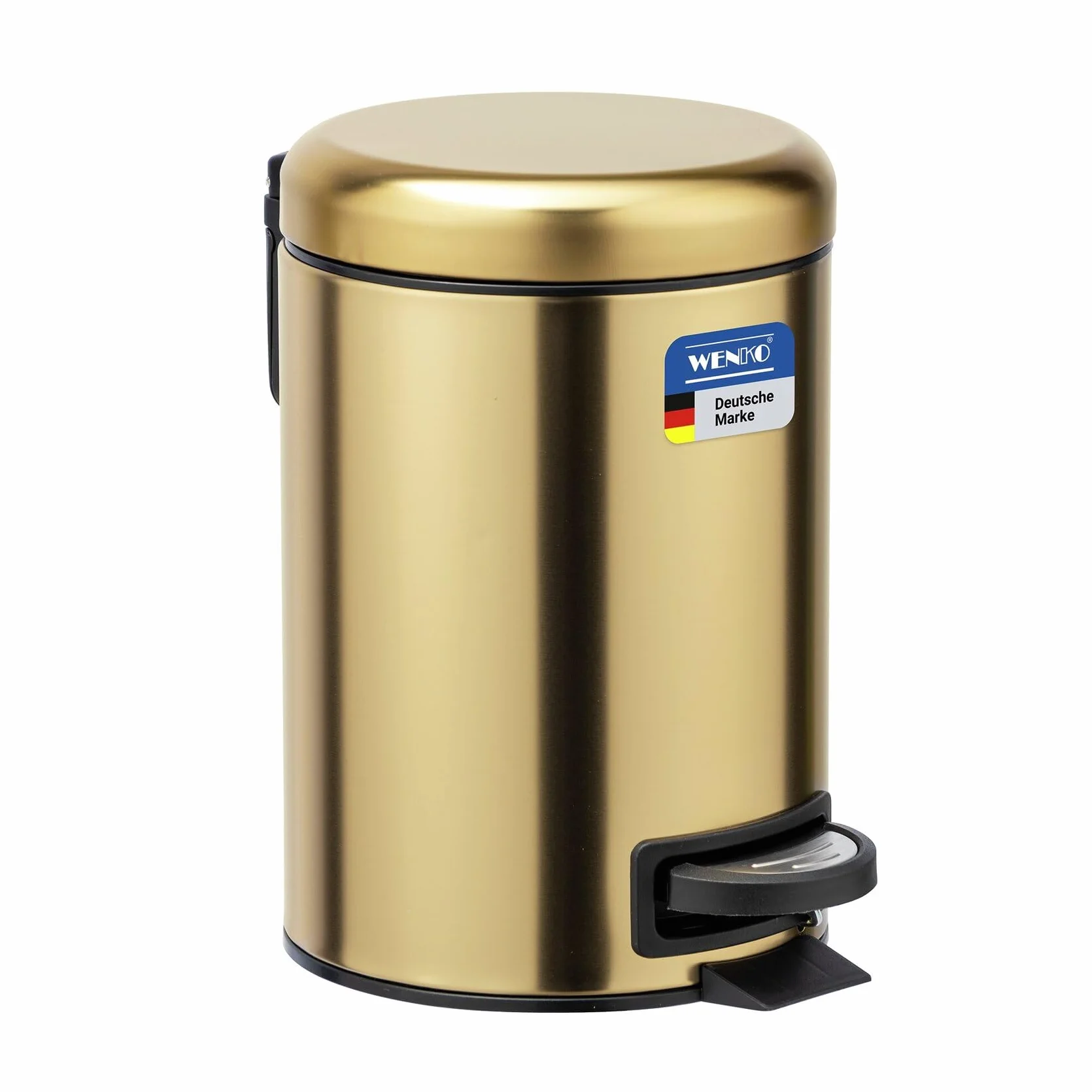 WENKO Cubo de pedal Leman oro mate 3 l - Cubo de cosmética, cubo de basura con recubrimiento anti-huellas dactilares Capacidad: 3 l, Acero inoxidable, 17 x 25 x 22.5 cm, Oro
