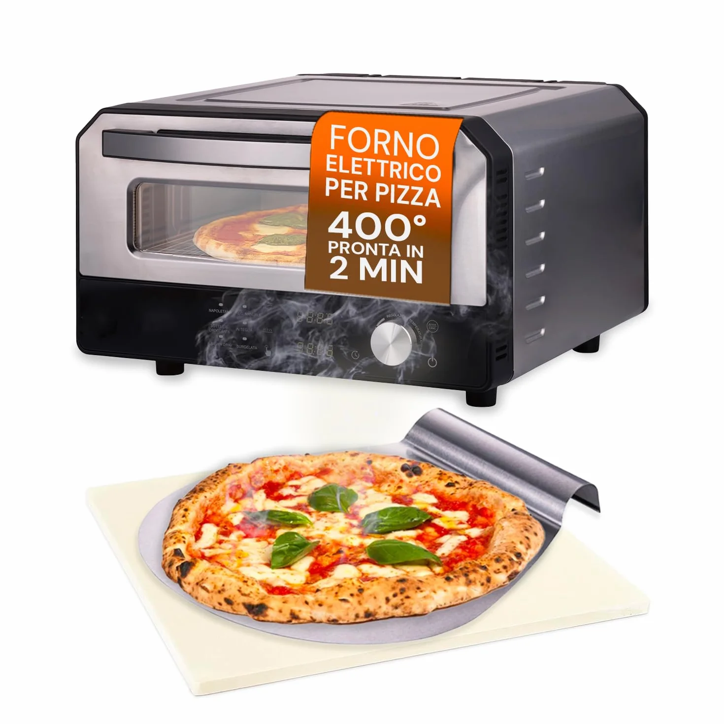 Horno eléctrico para pizza Avilia 400°C con pantalla digital y 6 programas de cocción, acero inoxidable