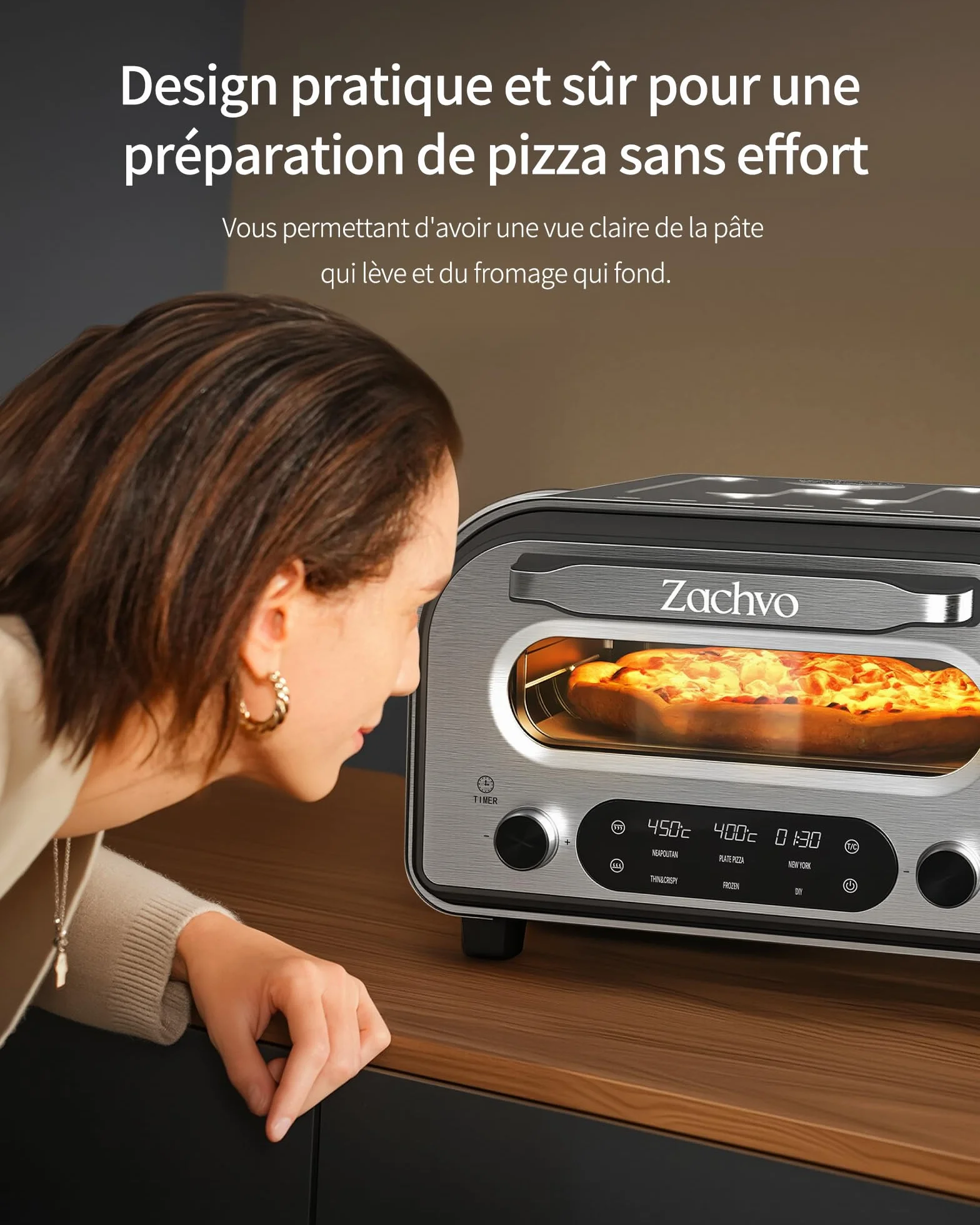 Horno Eléctrico para Pizza 450°C 5 Programas Temporizador 1-60 min Pantalla Táctil Acero Inoxidable