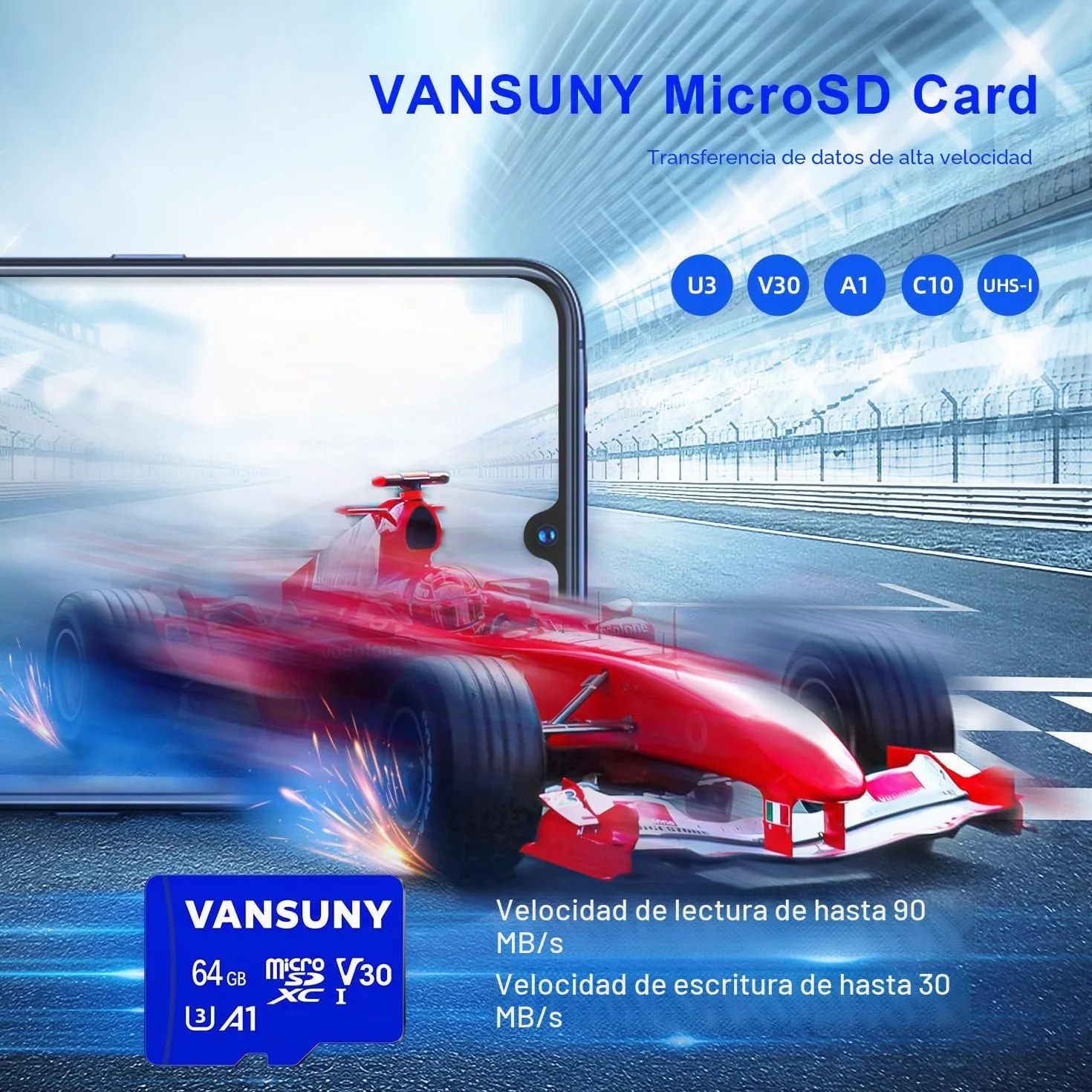 Vansuny Tarjeta Micro SD 64GB 2 Pack con Adaptador SD Micro SD 64GB Velocidad de 90 MB/s (A1, UHS-I, Clase 10, U3, V30)