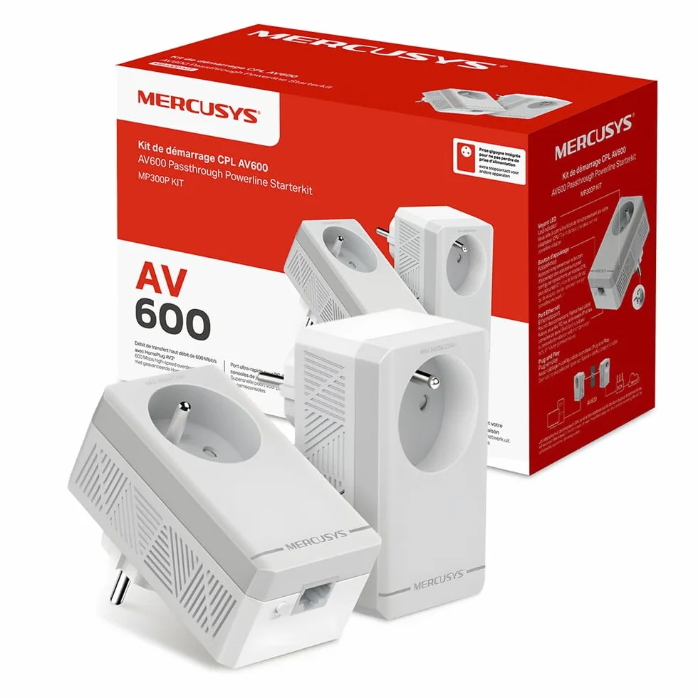 Mercusys MP300P Kit – Adaptadores Powerline AV600, Kit PLC 600 Mbps con Toma de Corriente integrada y Enchufe pasante, Cable Ethernet Incluido