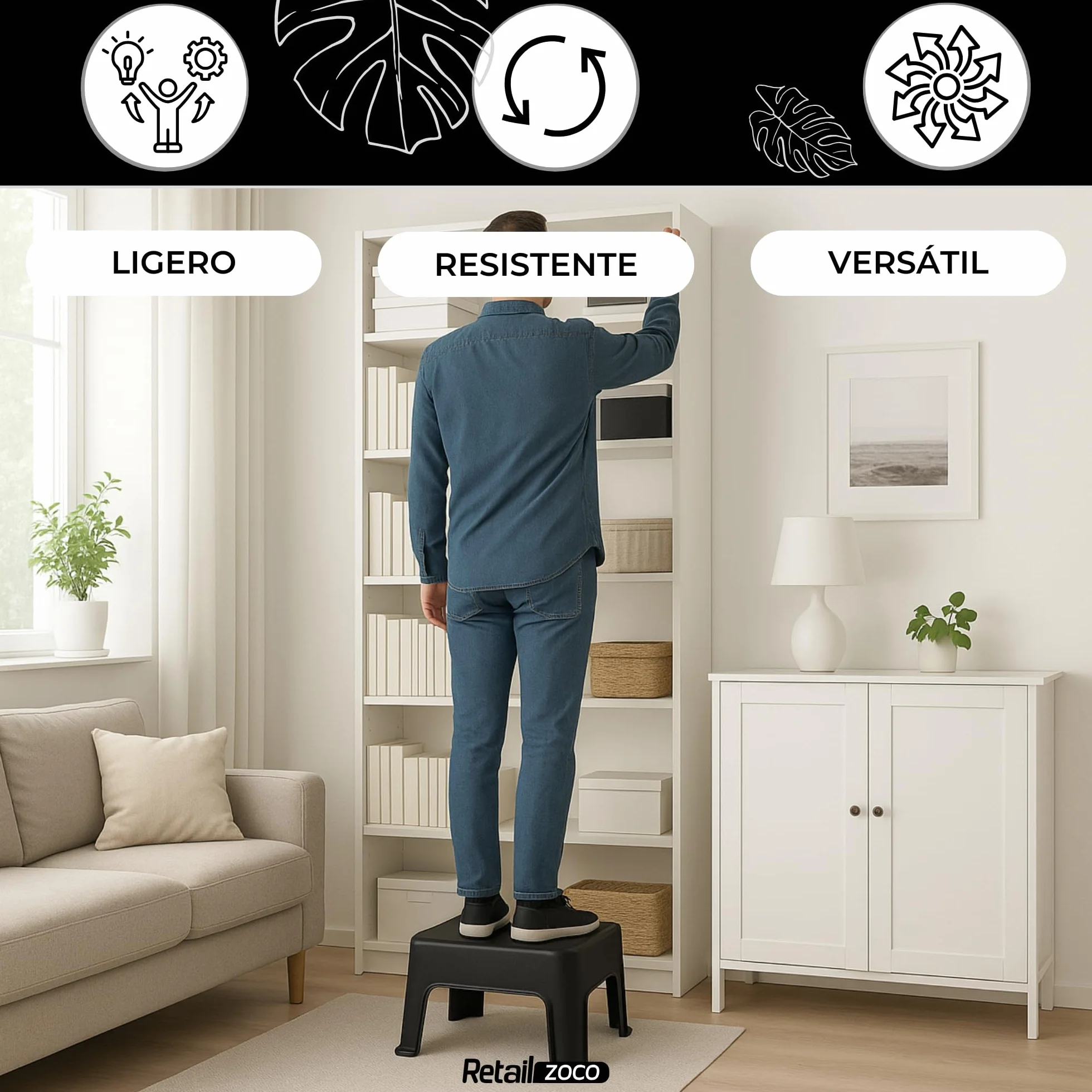TECHZOCO Taburete de Plástico Apilable Multiusos, 150Kg, 28x35 cm, Negro