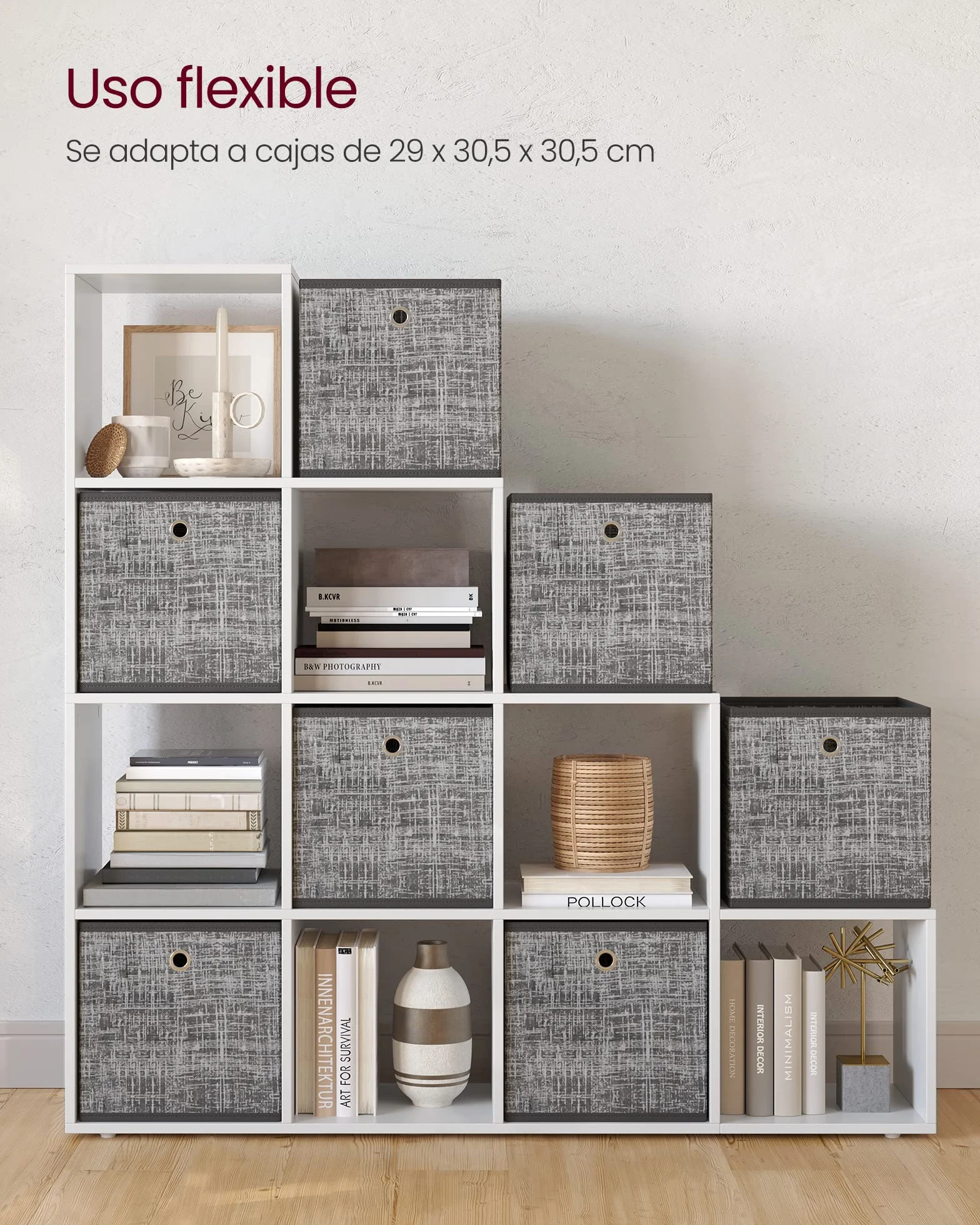 VASAGLE Librería 10 Cubos Estantería Libros Compartimentos Abiertos 29 x 129,5 x 129,5 cm Blanco Nube