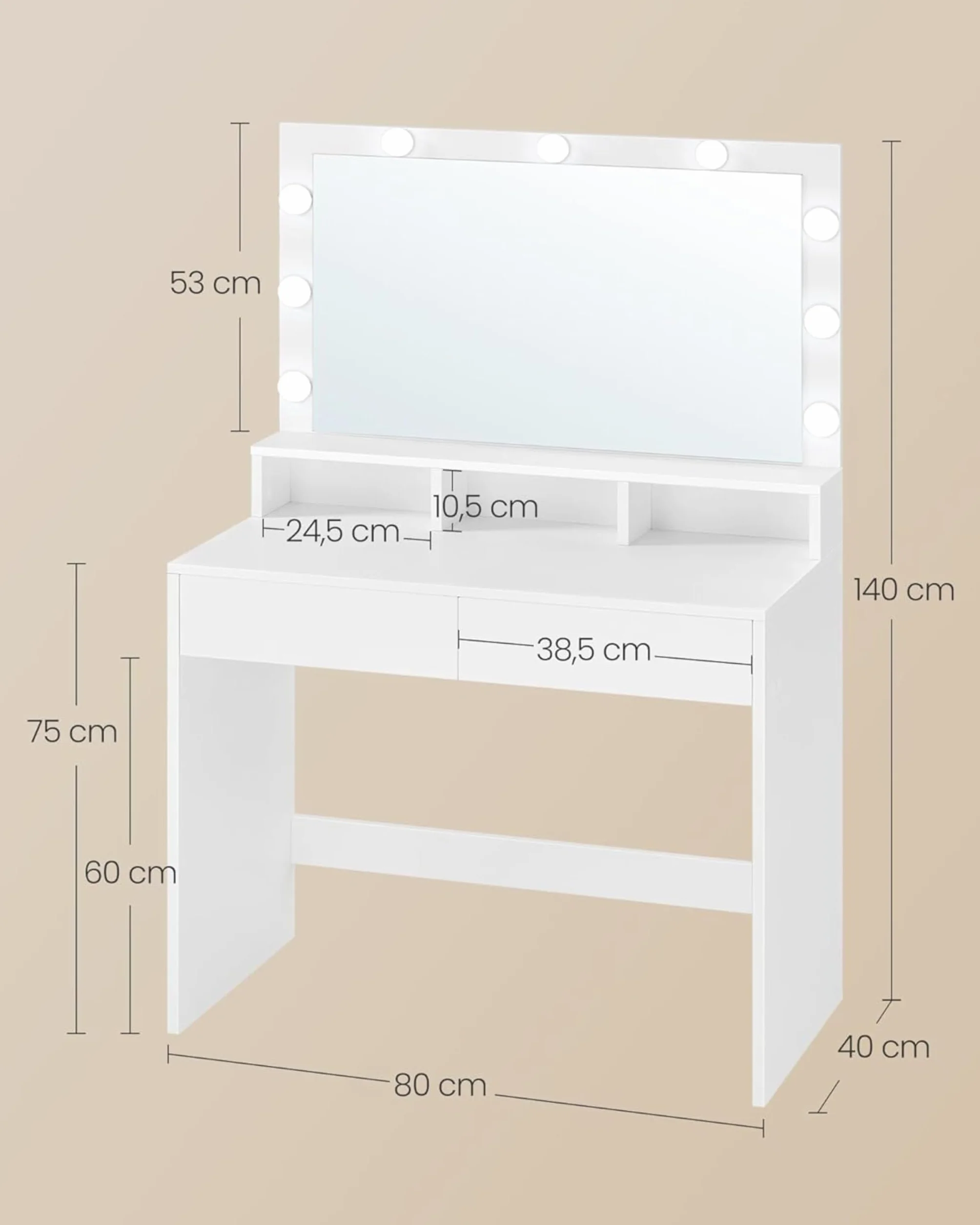 VASAGLE KAILYN Tocador Mesa de Maquillaje con Espejo Luces LED Brillo Ajustable 2 Cajones 3 Compartimentos Blanco Nube