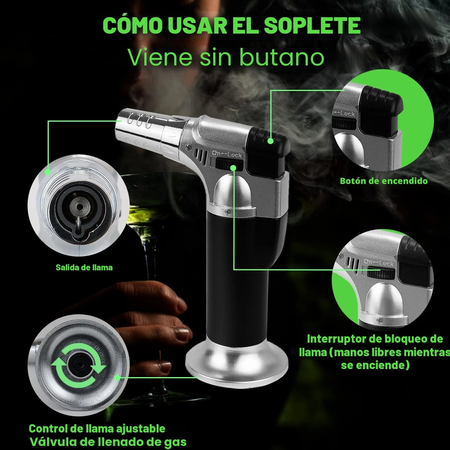 Ahumador de Cócteles con Soplete, Kit de Ahumador de Bebidas con 6 Sabores de Astillas de Madera y 4 Piedras para Whisky