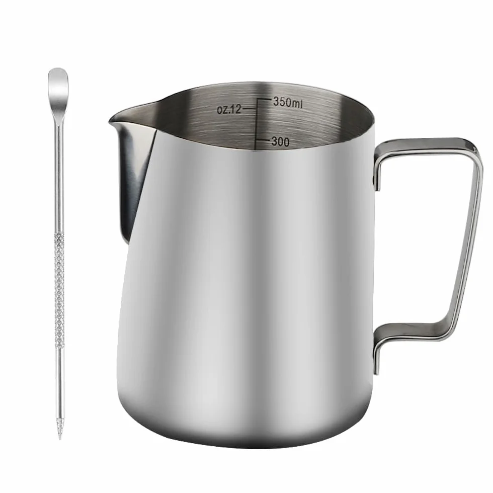 Jarra de leche barista acero inoxidable 304 espumadora con marcas de medición 350 ml para capuchino y espresso
