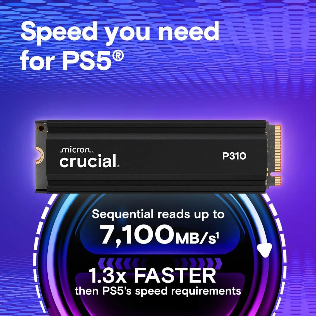 Crucial P310 PS5 SSD 2TB PCIe Gen4 NVMe M.2 con Disipador, hasta 7100 MB/s, Compatible con PlayStation 5, Ordenador de Sobremesa, Disco Duro Interno - CT2000P310SSD5-01