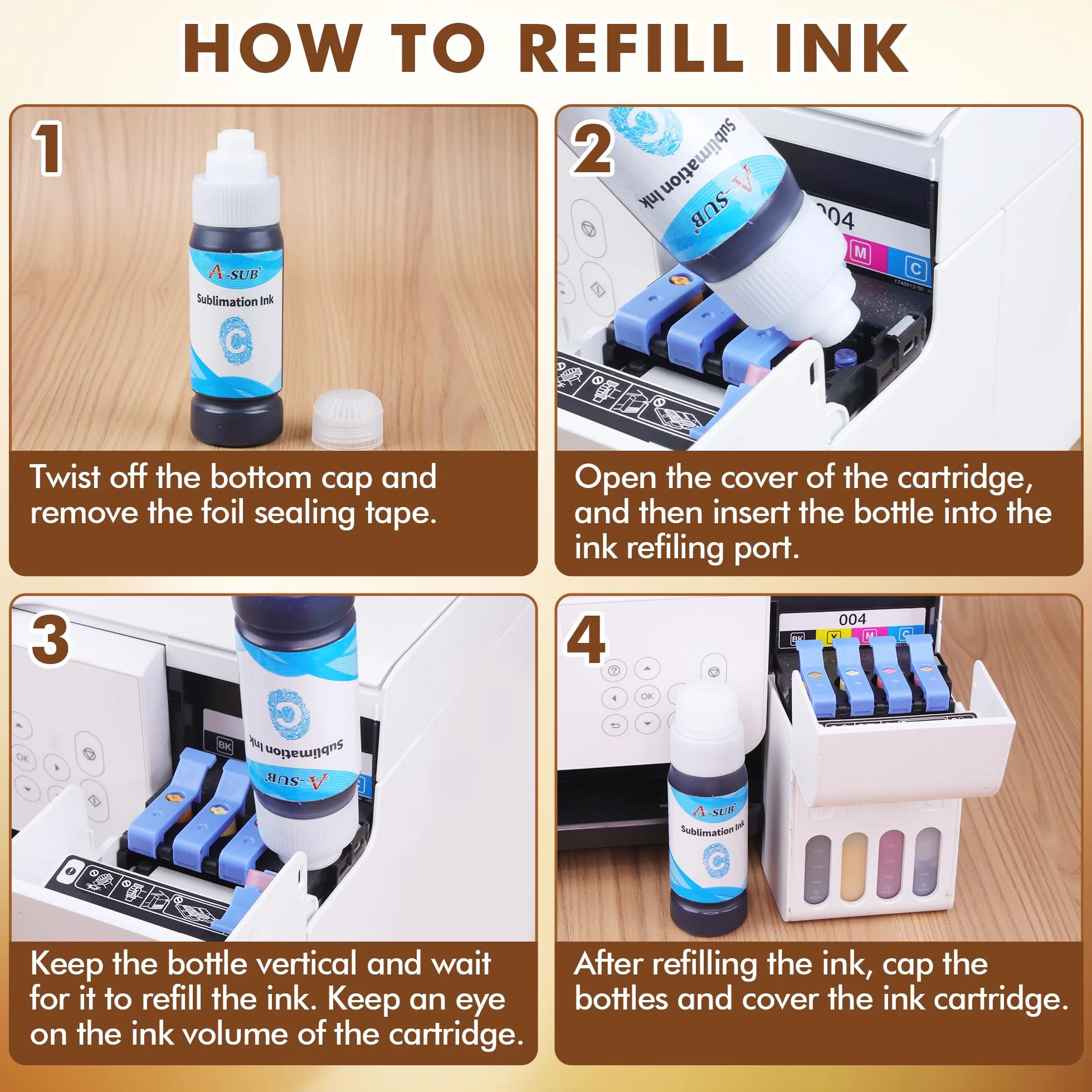 A-SUB 420 ml Recarga de Tinta de sublimación, fácil llenado para impresoras Epson EcoTank de la Serie ET1800 ET2700 ET2800 ET3700 ET3800 ET4700 ET4800 ET5800 ET14100 ET16100 ET16600