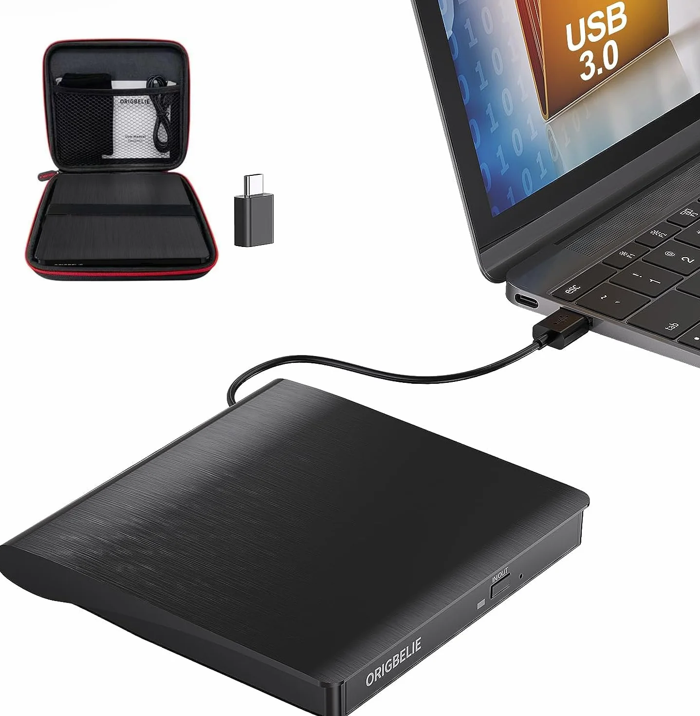 ORIGBELIE Lector CD DVD Externo USB 3.0, CD DVD +/- RW Grabadora DVD Externa, Ultra Delgado Regrabadora DVD Externa para Computadora Portátil/Escritorio/PC Windows 11/10/8/7/XP Linux Mac OS, con Caja