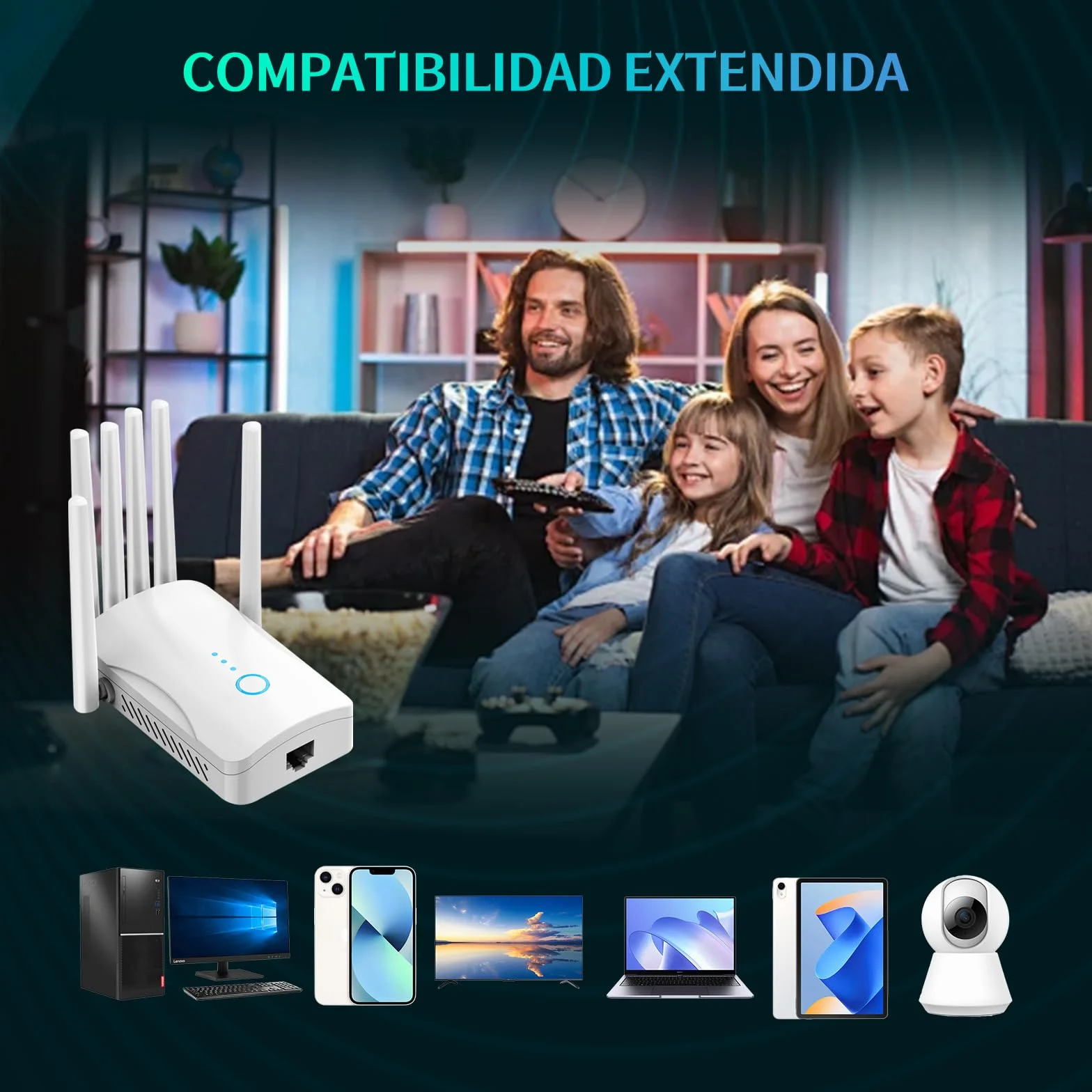 Repetidor WiFi Potente con 6 Antenas, Amplificador Señal WiFi Largo Alcance, Extensor WiFi Soporta 64 Dispositivos, Modos (Repetidor, Ap), Cobertura hasta 300 m², para Casa y Oficina