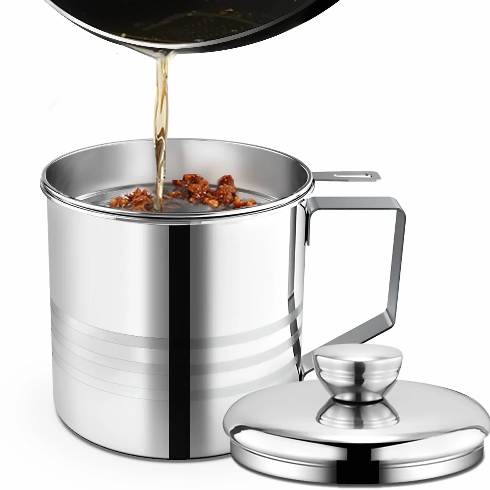 Chihee Contenedor de grasa de tocino de acero inoxidable 1.2 litros con colador de malla fina y tapa a prueba de polvo