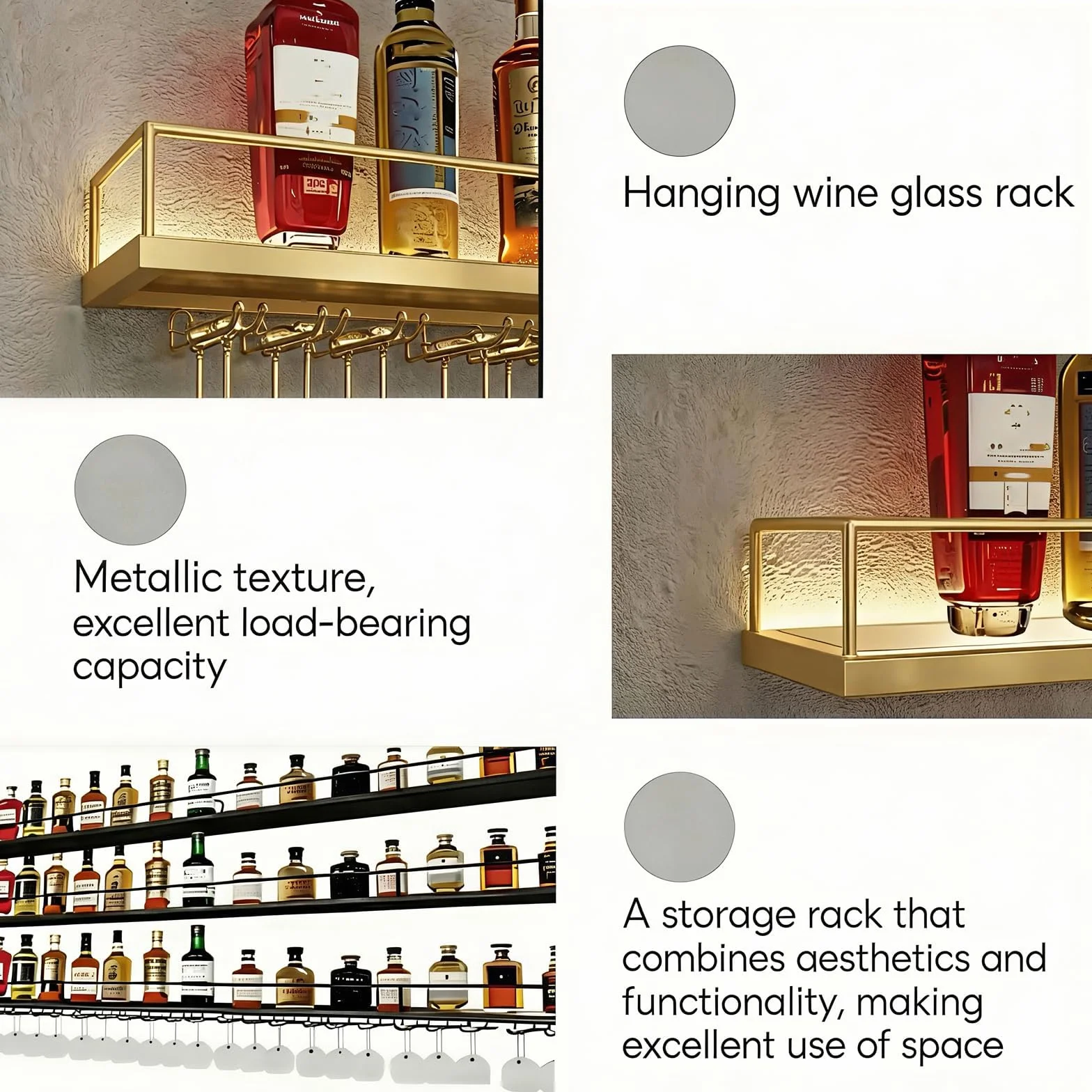 Portabotellas de Pared con Luces LED y Portavasos - Exhibidor de 3 Estantes para Vino, Estructura Metálica, 120cm, Oro
