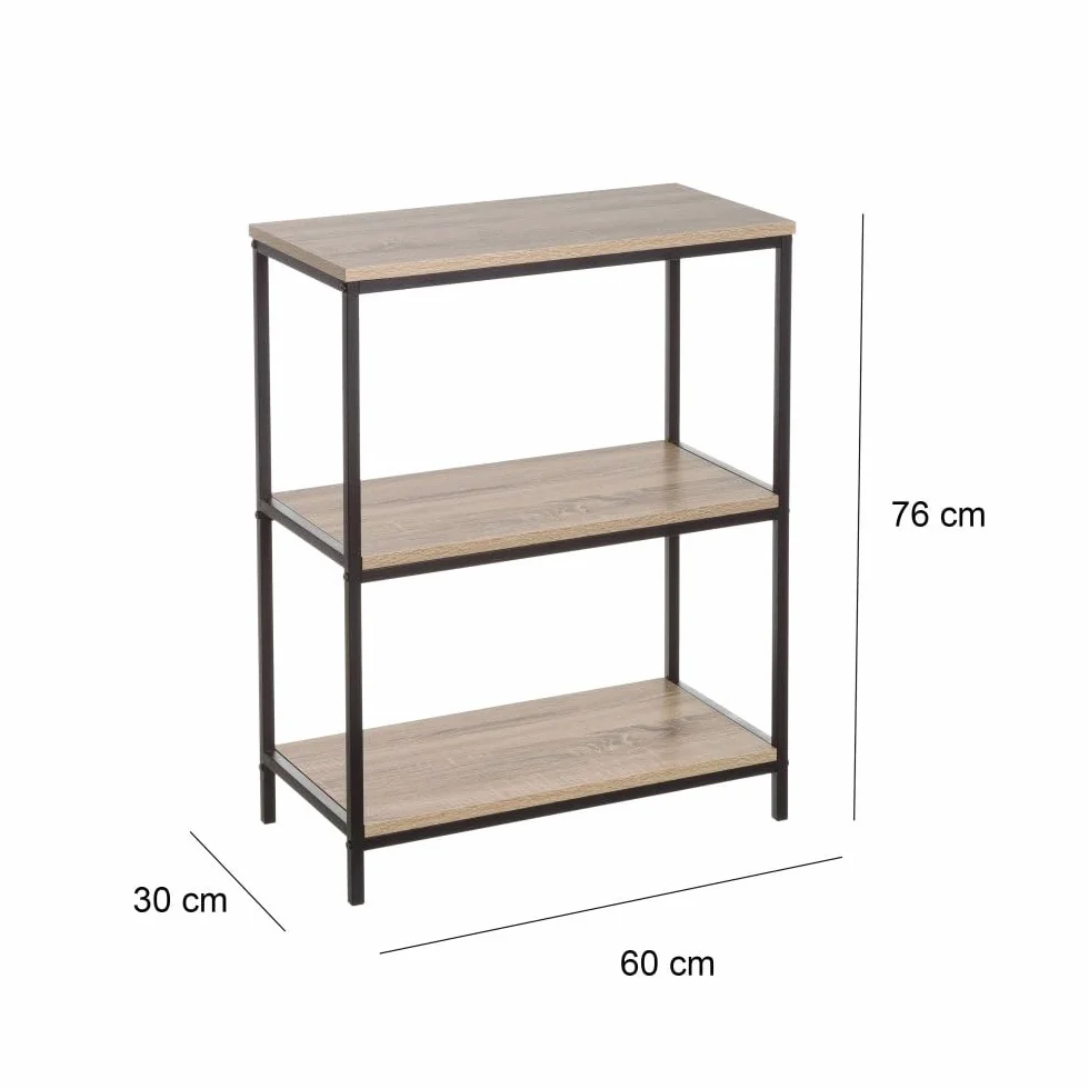 Estantería Urban LOLAhome 3 baldas Metal Negro Tablero Natural 76x60x30 cm Acero Madera laminada 15 mm