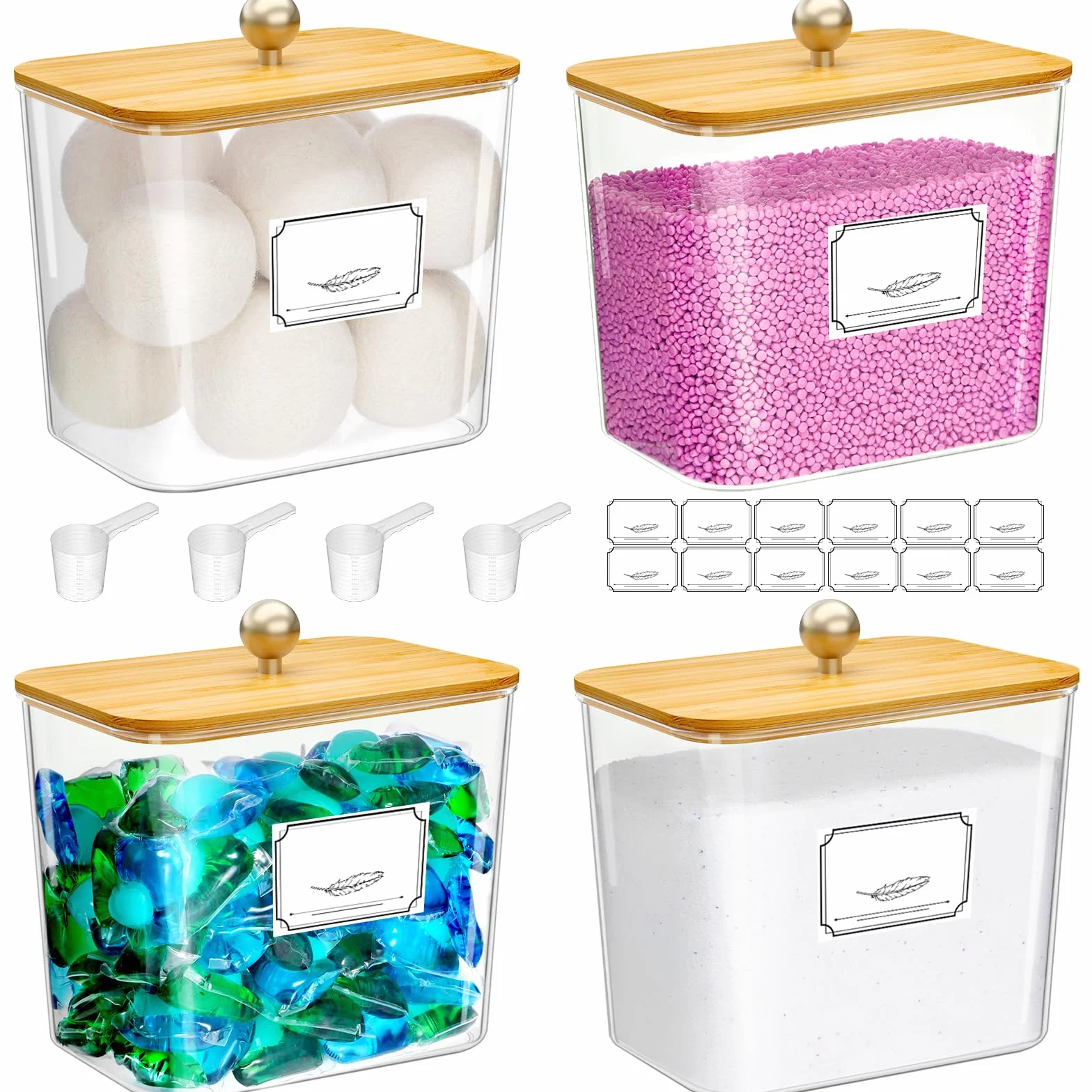 Lifewit 2700 ml Contenedor Detergente Polvo Con Tapa de Bambú, Lavanderia Organizador, Pastillas Lavadora Caja de Almacenamiento de Plástico, Contenedores para Baño, Tarros, Natural, Juego de 4