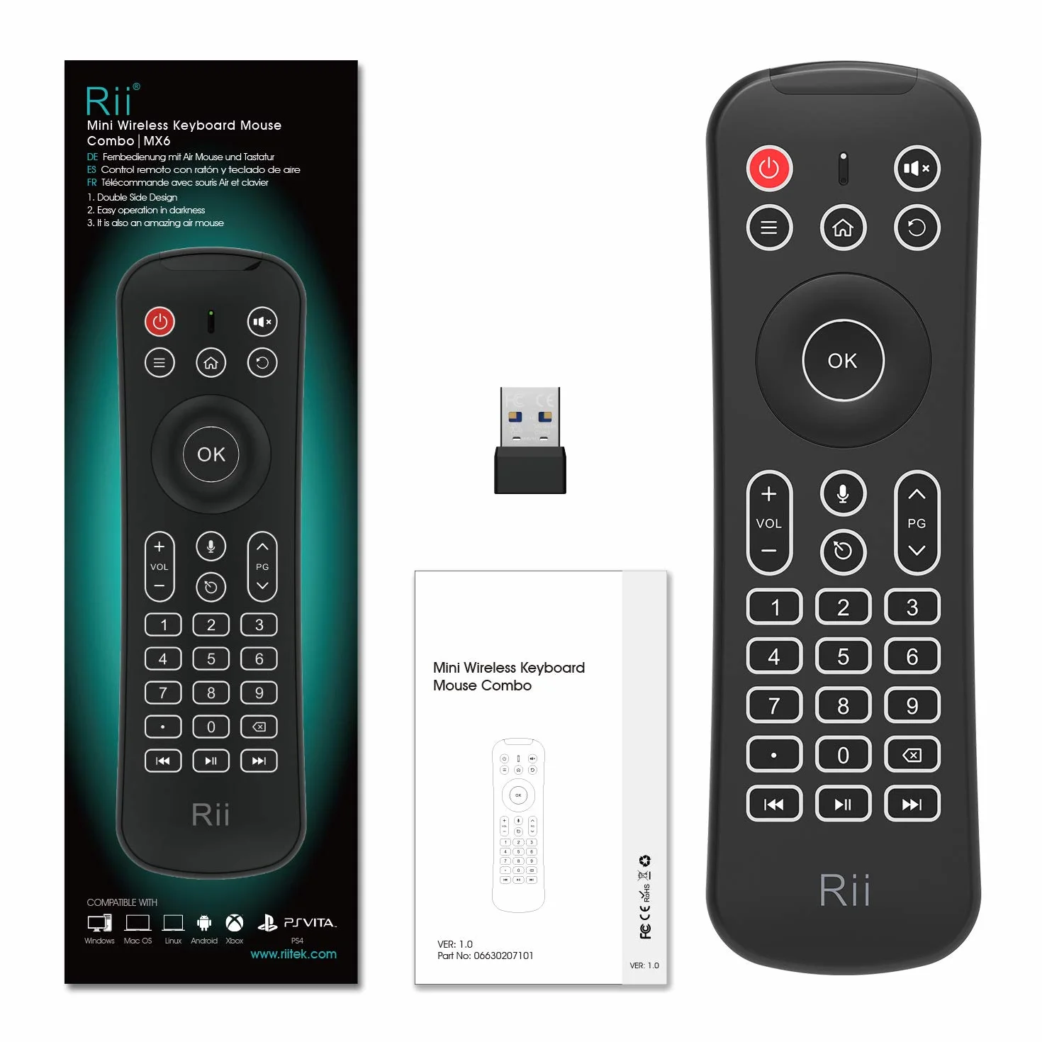 Rii MX6+ Wireless + IR - Control Remoto con Gyro Mouse, Teclado retroiluminado y micrófono para Android Smart TV, TV Box, PC y Mac