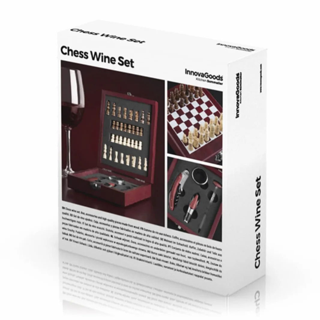 InnovaGoods Juegos de accesorios para vino 2en1 con tablero de ajedrez, sacacorchos, tapón dosificador, 32 piezas