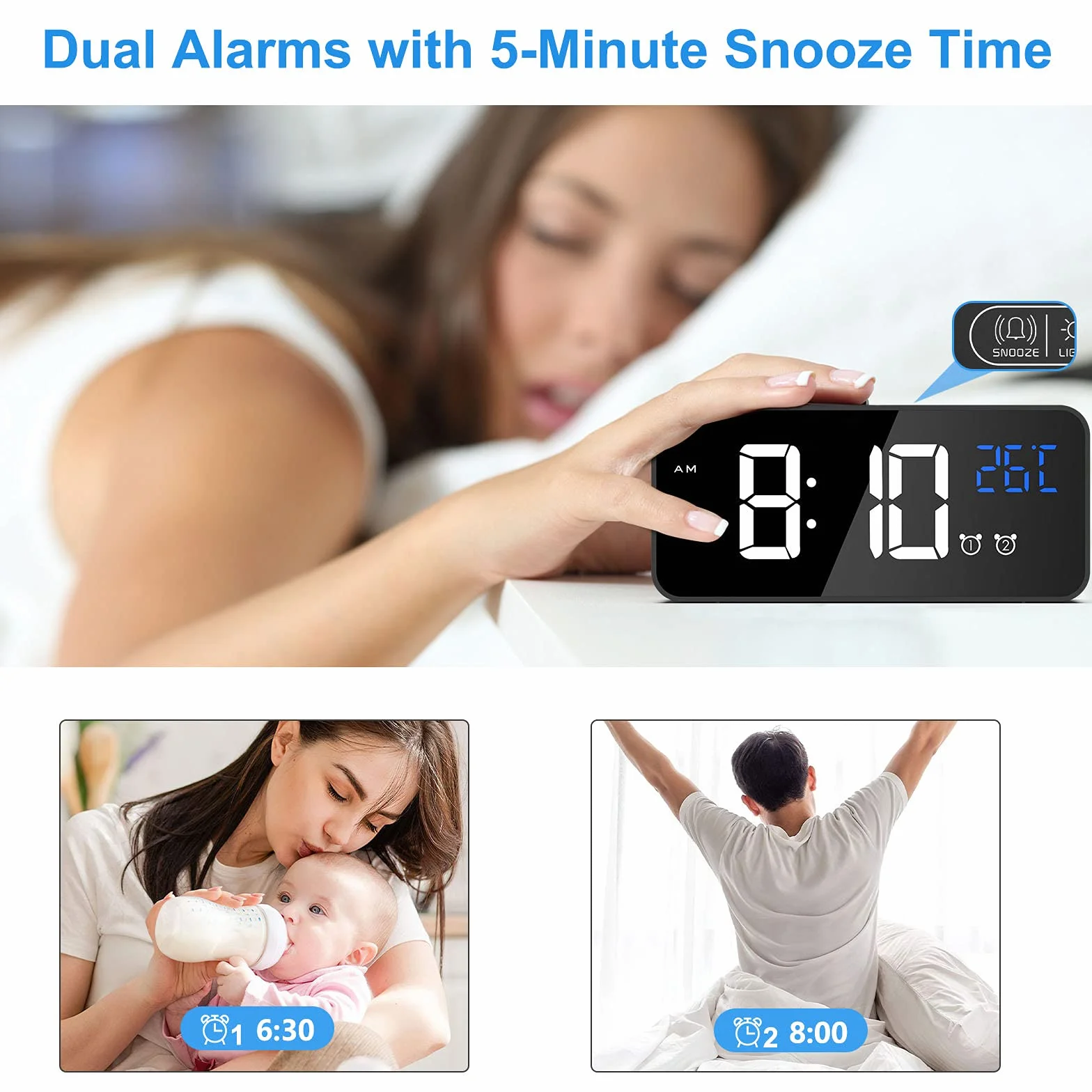 CHEREEKI Reloj Despertador Digital con Temperatura, Brillo Ajustable, Alarma Dual, Puerto USB
