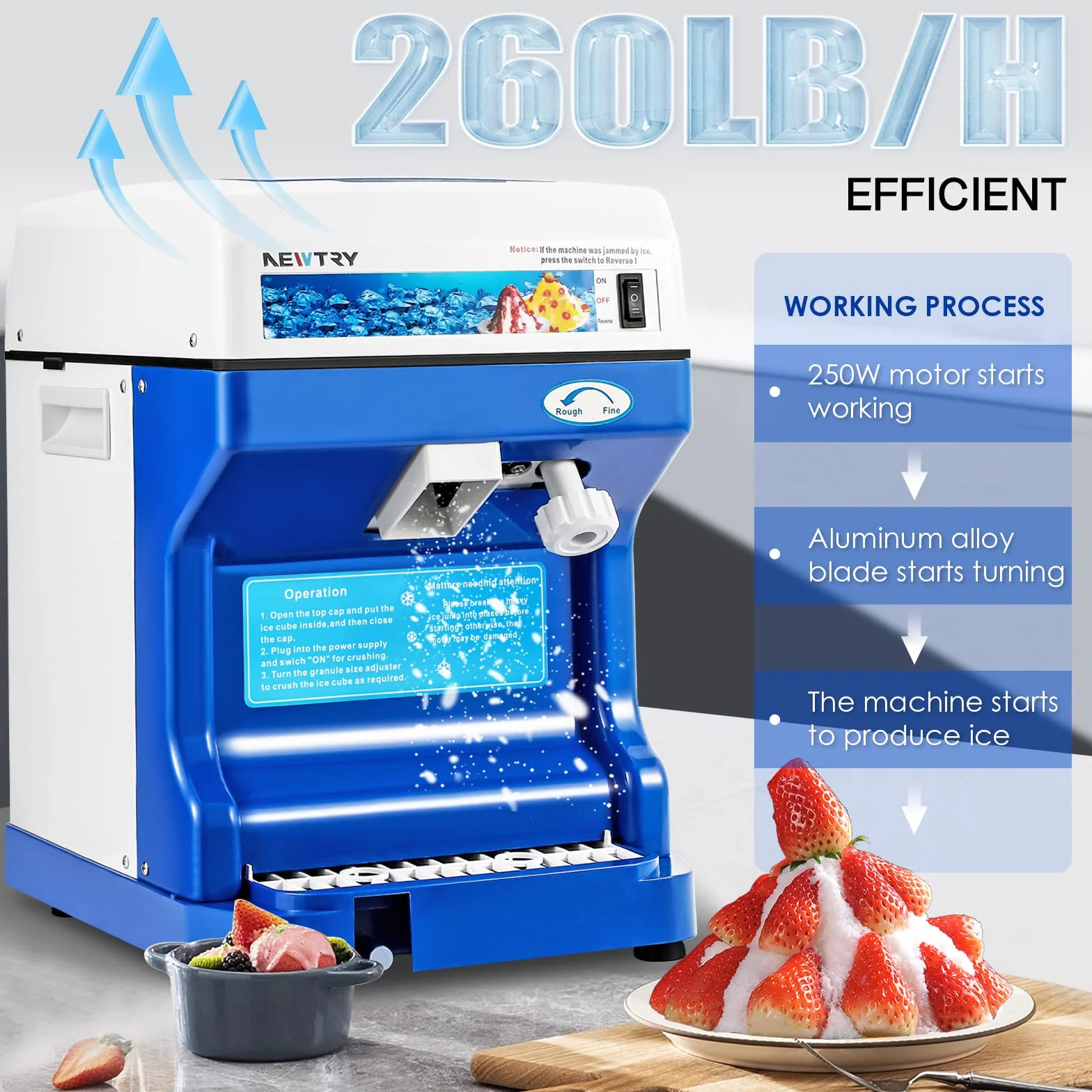 NEWTRY Trituradora de hielo eléctrica comercial 260lb/h hoja aleación aluminio espesor ajustable