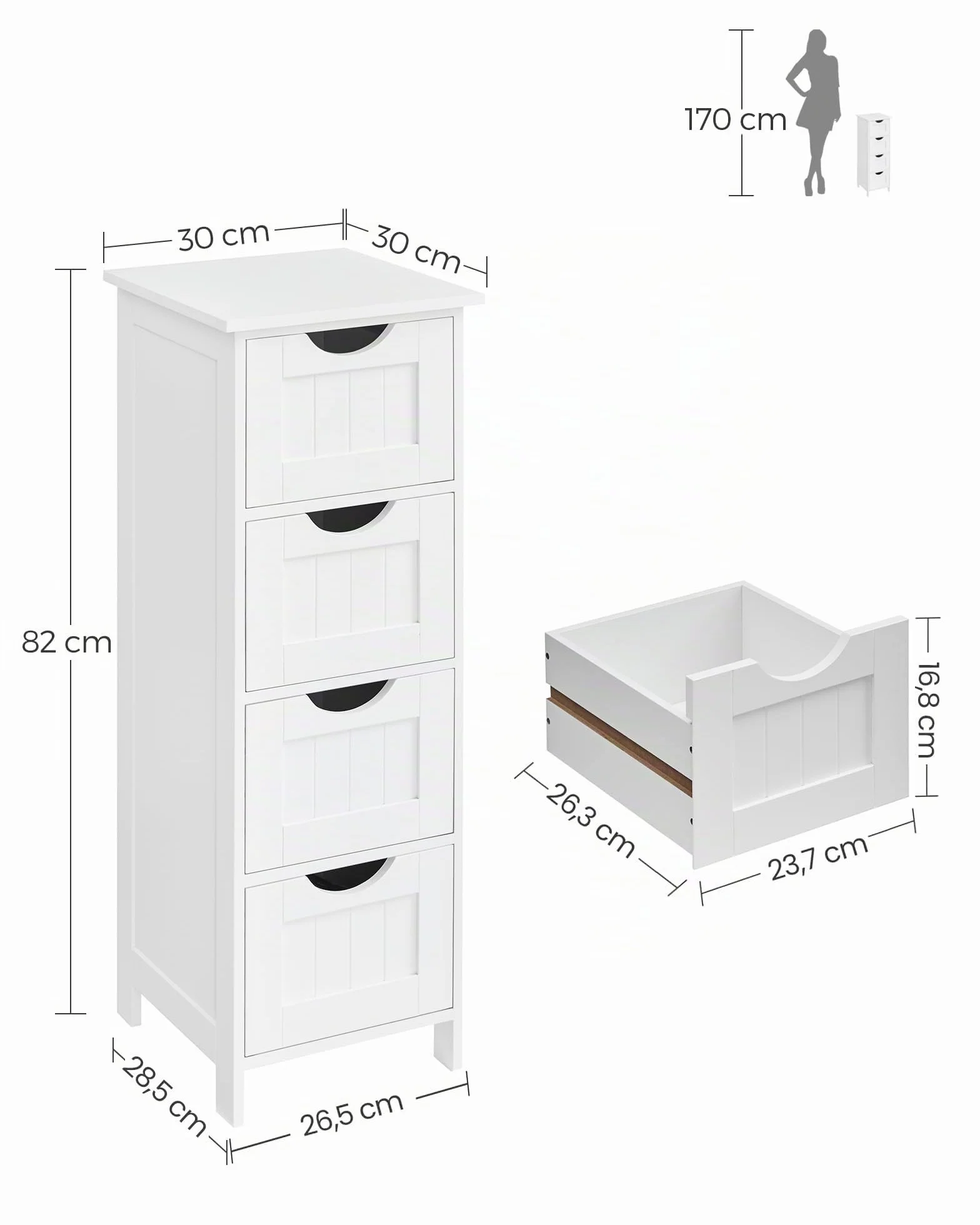 VASAGLE Armario de baño de pie con 4 cajones 30x30x82 cm Blanco LHC40W