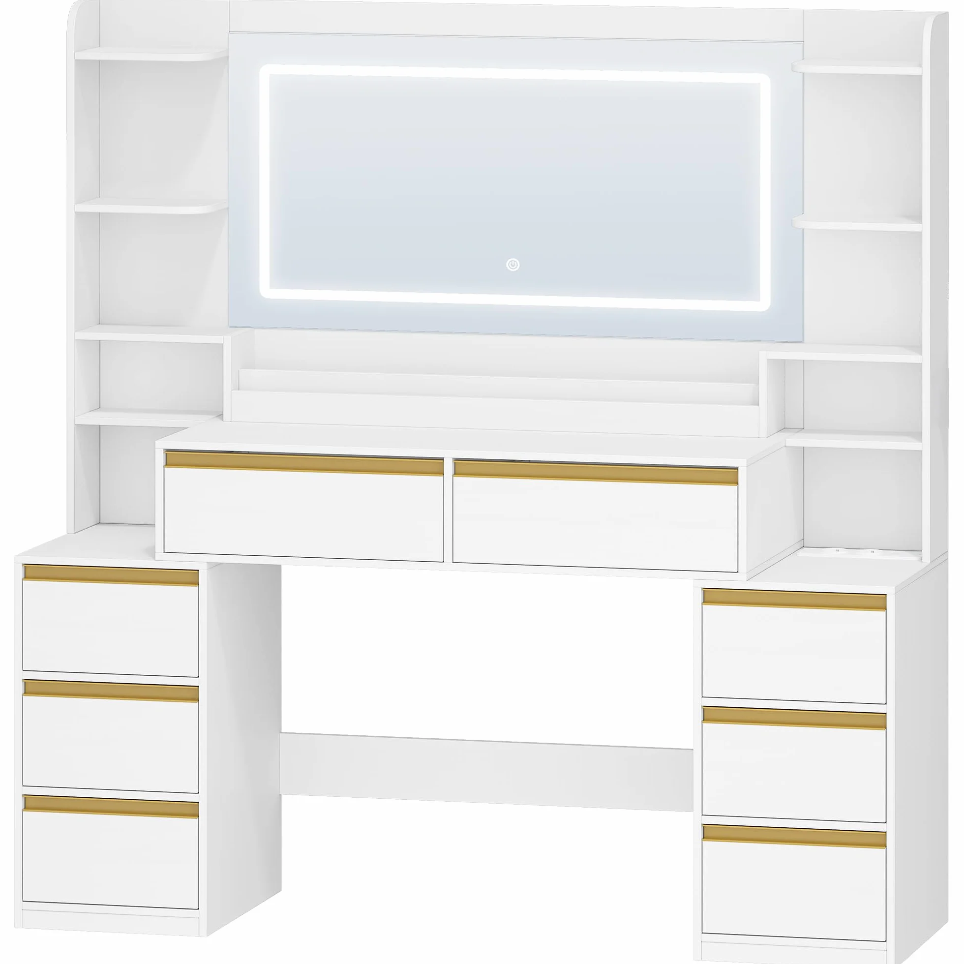 Tocador de Maquillaje con Luz LED, 135 cm, 8 Cajones, Blanco-Dorado