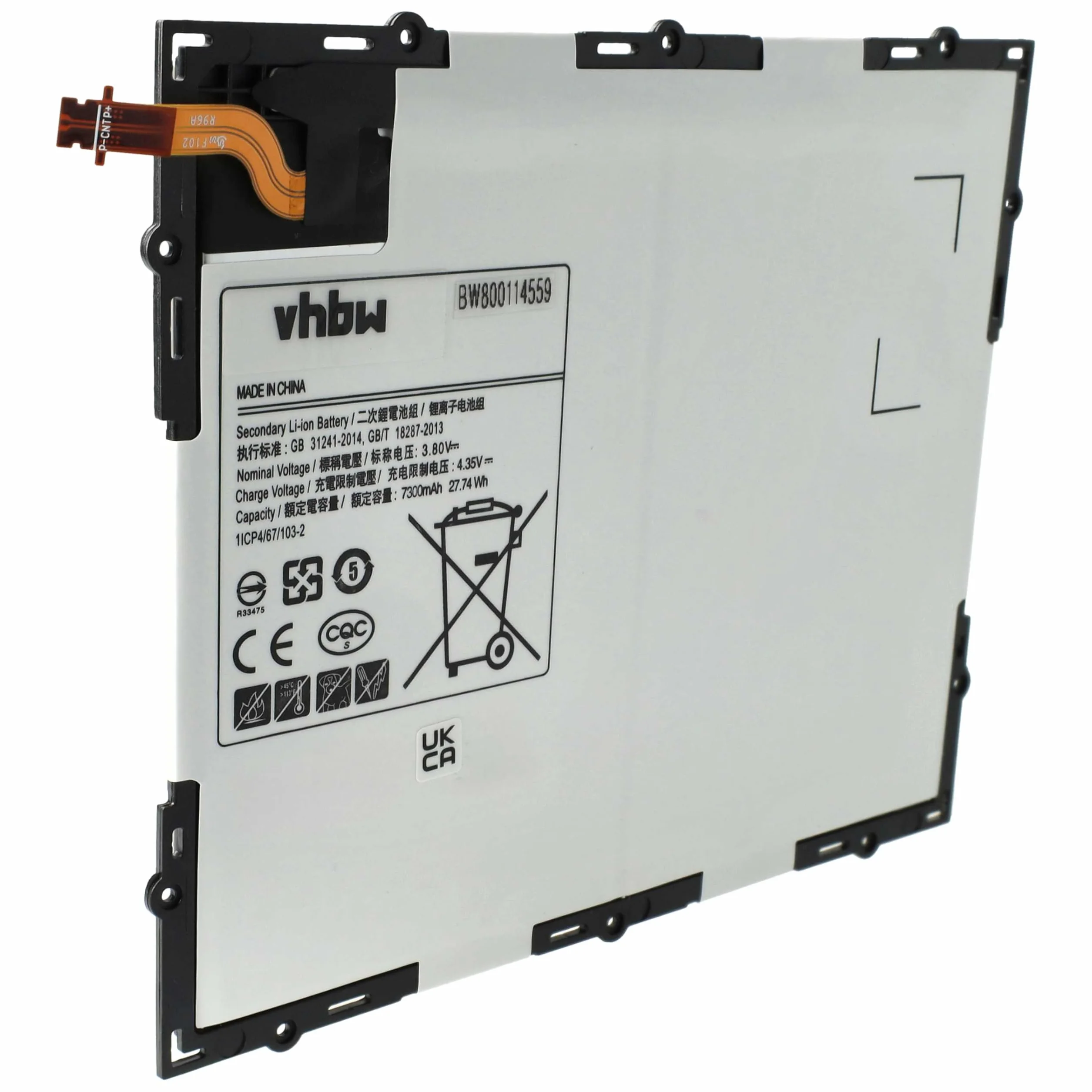 vhbw Batería Compatible con Samsung Galaxy Tab SM-P585M, SM-P585Y, SM-T580, SM-P585N, SM-P585N0 Tablet, Pad (7300 mAh, 3,8 V, Li-Poli)