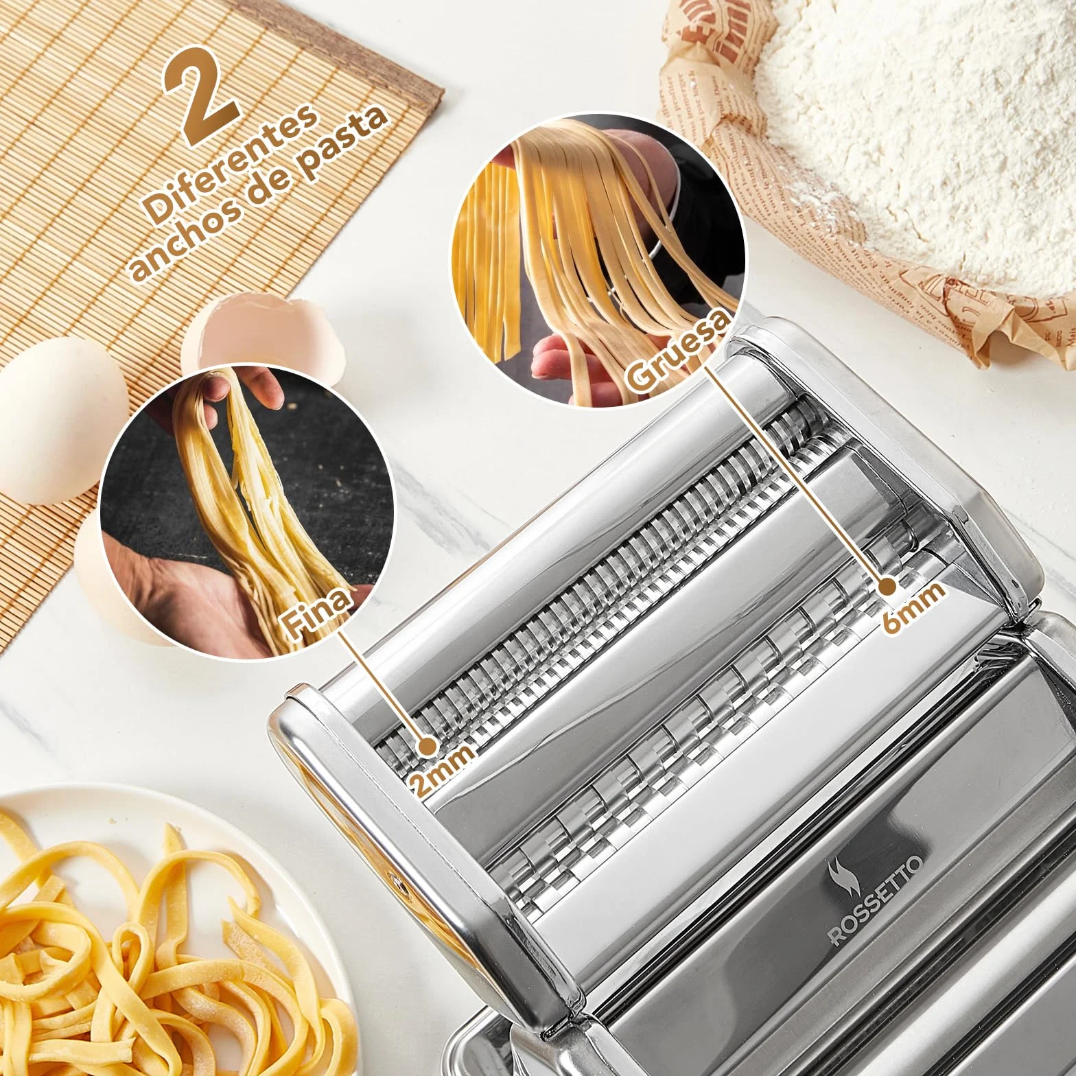ROSSETTO Máquina de pasta manual acero inoxidable 9 grosores 2 anchos corte lasaña espaguetis fettuccine raviolis