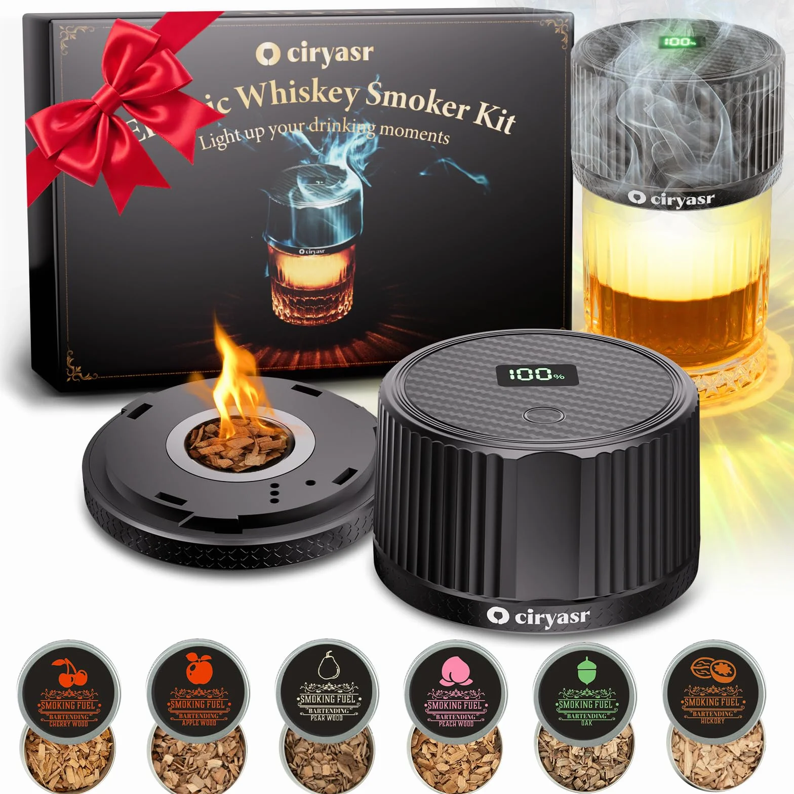 Kit de ahumador de Whisky, Kit de Ahumador de Cóctel con 6 sabores Chips de Madera, 6 Modos de luz, Recargable, Kit de ahumador de Bebidas Antiguas,Regalo para Padres, Esposos y Amantes Los Cócteles