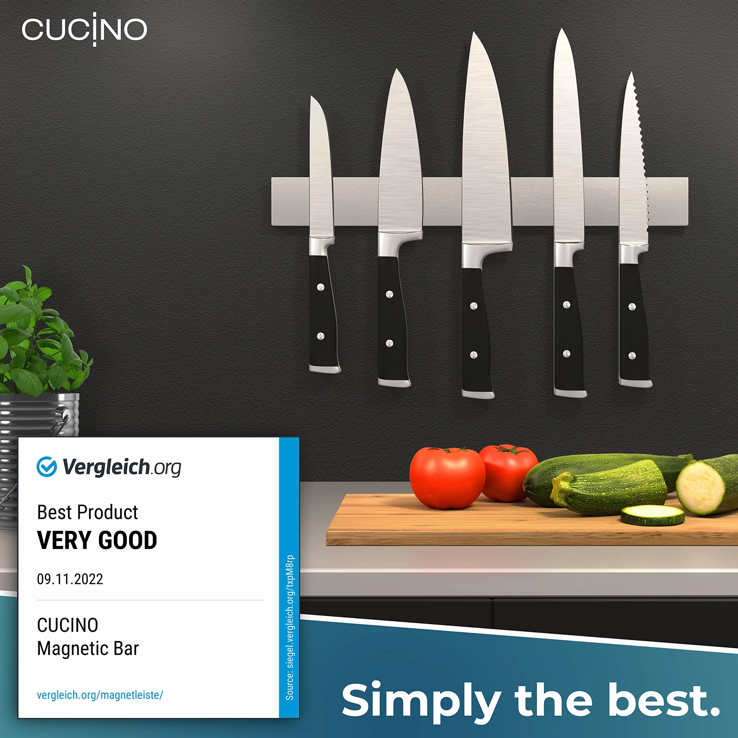 Soporte imán cuchillos cocina - Barra magnética porta cuchillos, montaje pared sin taladro, acero inoxidable, 40 cm