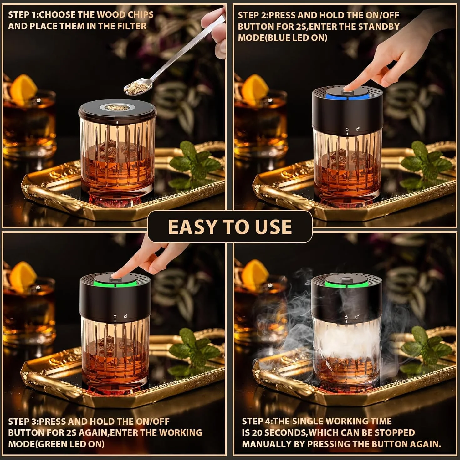 Kit Affumicatore Elettrico da Cocktail con 6 Schegge in Legno per Bevande