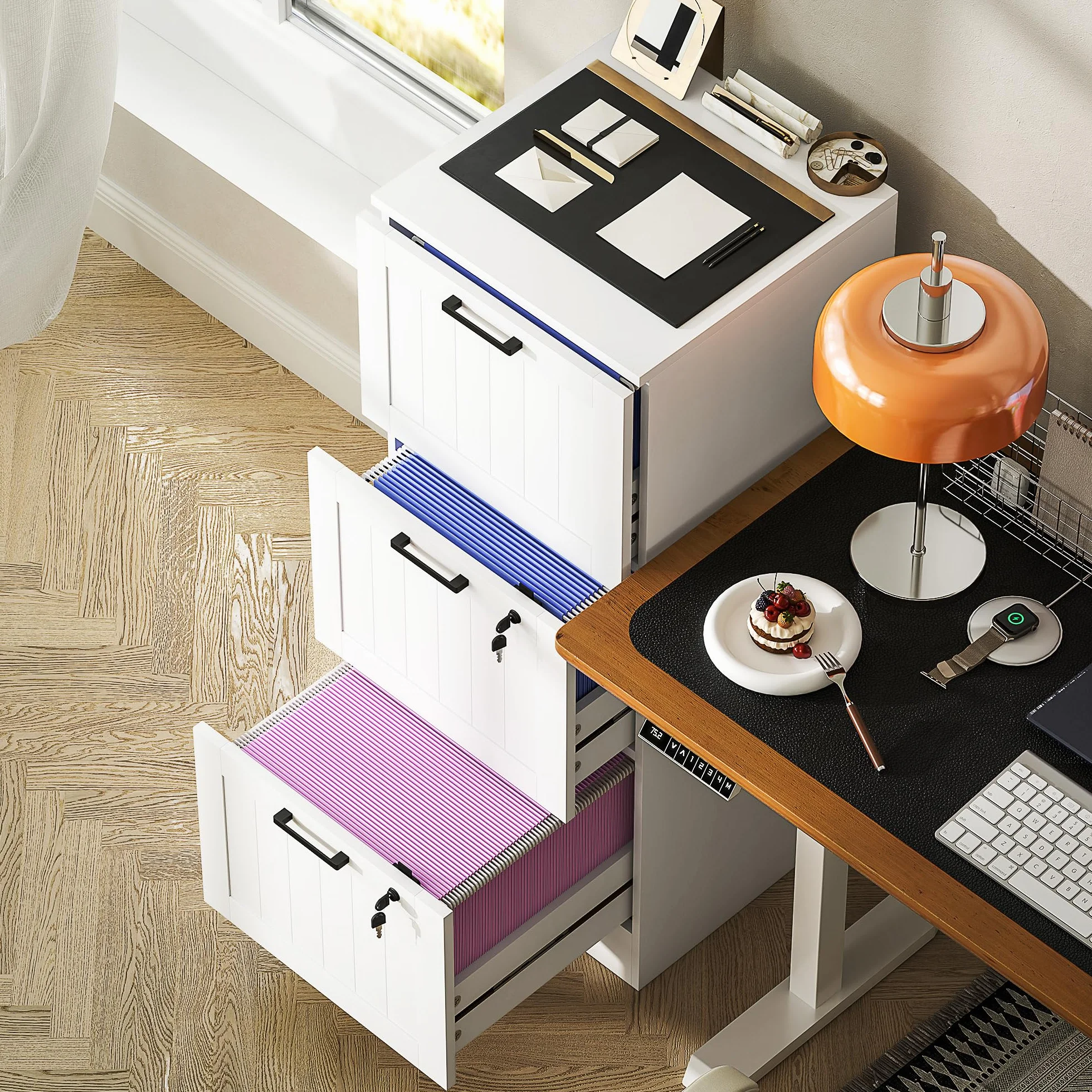 HOMCOM Cajonera Escritorio 3 Cajones, Mueble Archivador, 2 Cerraduras, Riel Colgante A4, 40x40x101 cm, Blanco