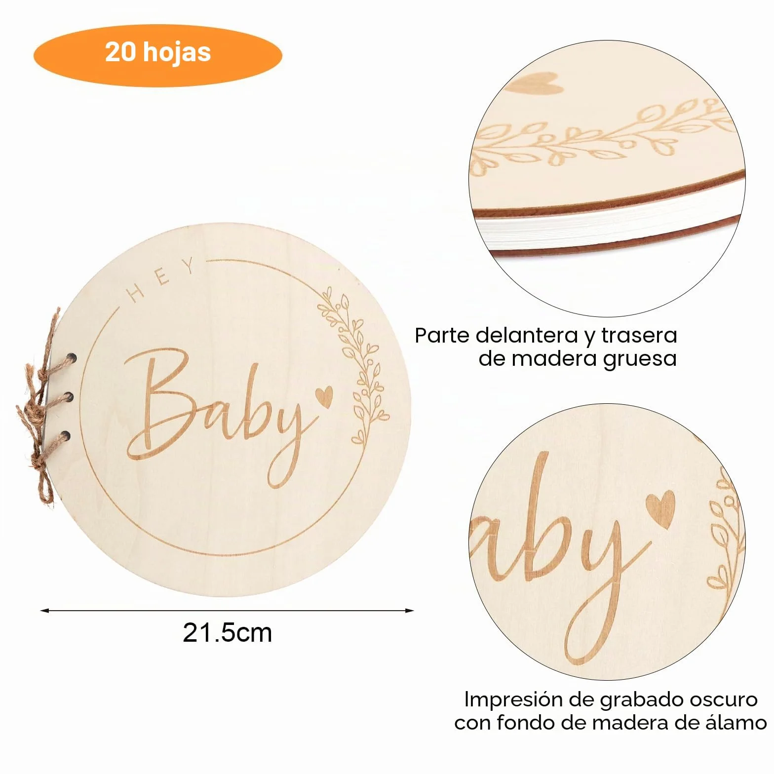 Libro de Visitas Hey Baby, Bebe para Baby Shower con Tapa de Madera, Recuerdos Bebe