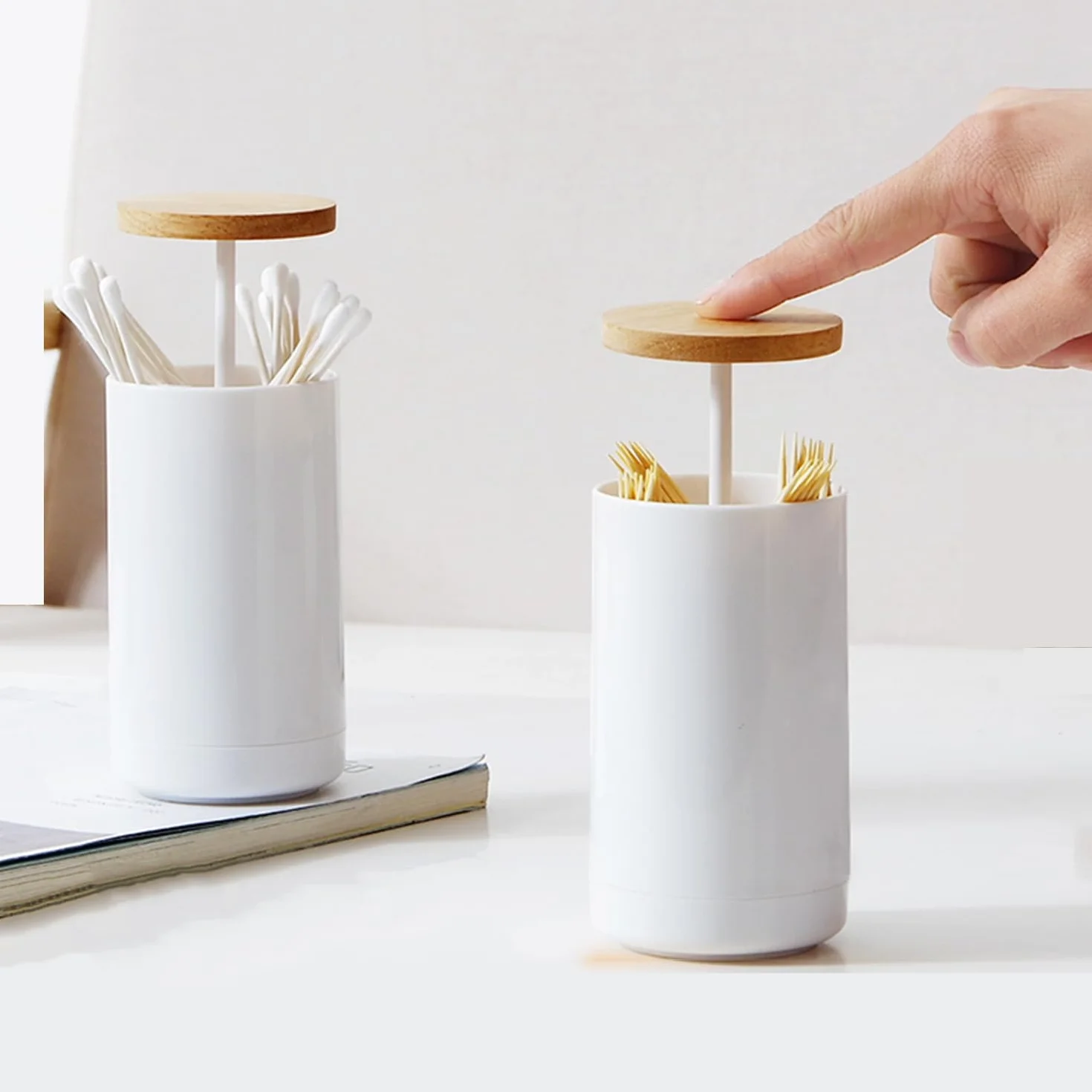 Organizador Bastoncillos,Caja de Bastoncillos Algodonero y Palillo de Dientes con Presión Autobloqueo, Dispensador Bote de Bastoncillo e Hilo Dental para Mesa de Comedor, Cocina