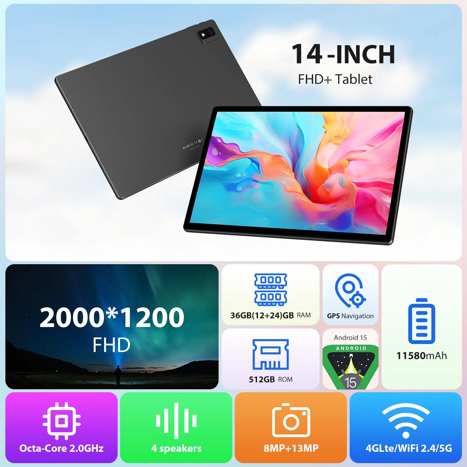 2K Android 15 Tablet 14 Pulgadas, 36GB RAM, 512GB ROM (2TB Expansion), 4G SIM LTE & 5G WiFi, 2000 * 1200FHD, 11580mAh, Octa-Core 2.0GH, 13MP+8MP, Tablet con Teclado/GPS/Bluet 5.0(Negro)