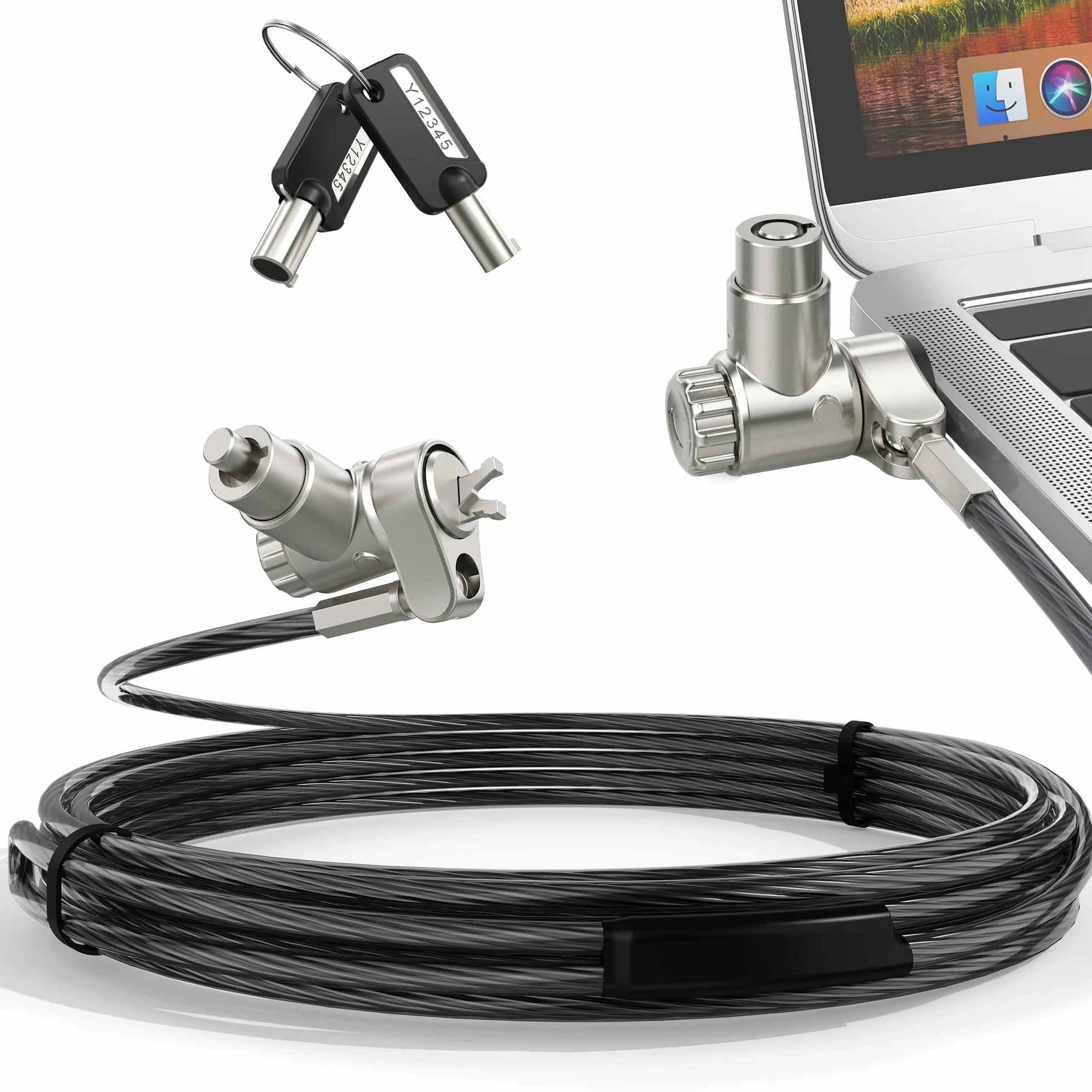 AboveTEK Candado para Ordenadores Portátiles: Cable de Seguridad 3 en 1 de 2m para Escritorio, Sistema Universal Antirrobo con 2 Llaves para Portátiles, Compatible con K-Slot, Nano y Wedge Slot