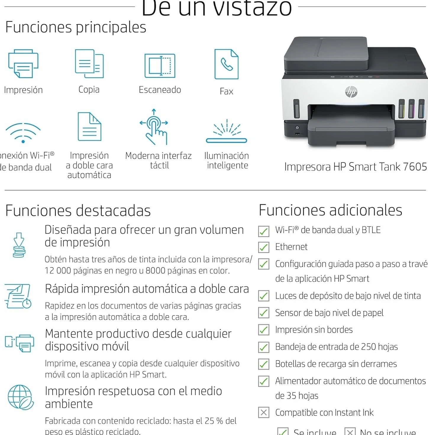 HP Smart Tank 7605 28C02A - Impresora A4 Multifunción con Deposito de Tinta Recargable, Impresión a Color, Escaner, Copiadora, Fax, Wi-Fi, Smart App, Blanco y Negro