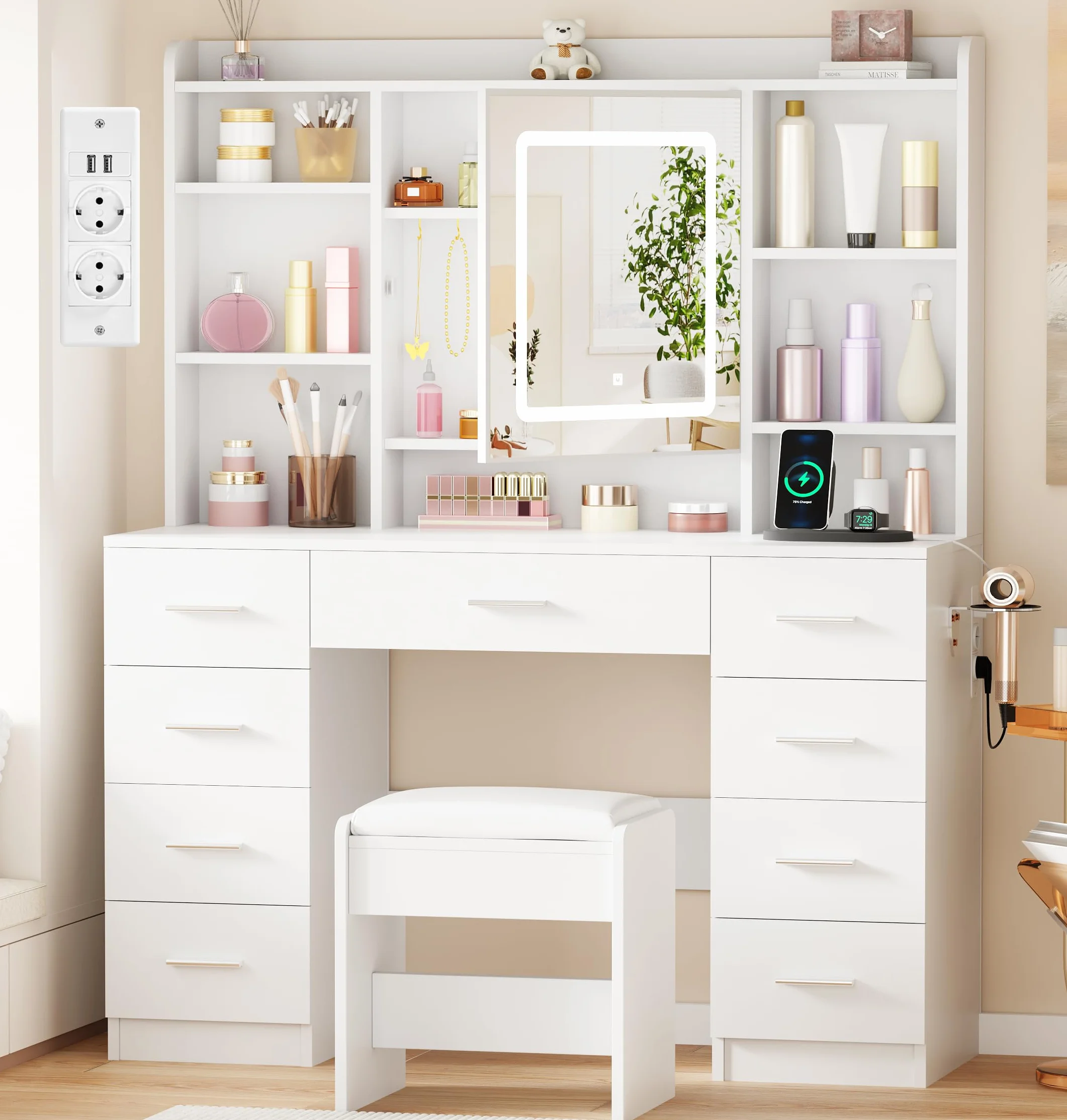 BEWISHOME Tocador de Maquillaje con Espejo LED, Brillo Ajustable, Mesa con Enchufes y Taburete, 9 Cajones, Blanco EFST36W